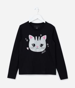 Camiseta Infantil com Estampa Cara de Gatinho - Tam 5 a 14 Anos
