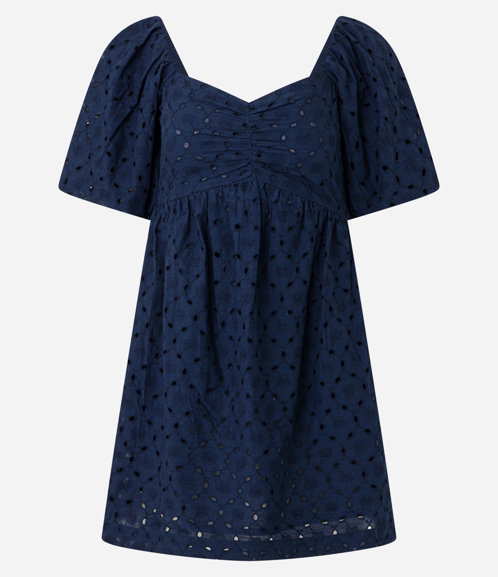 Vestido Curto em Laise com Bordado de Conchas e Manga Bufante Azul Marinho 1