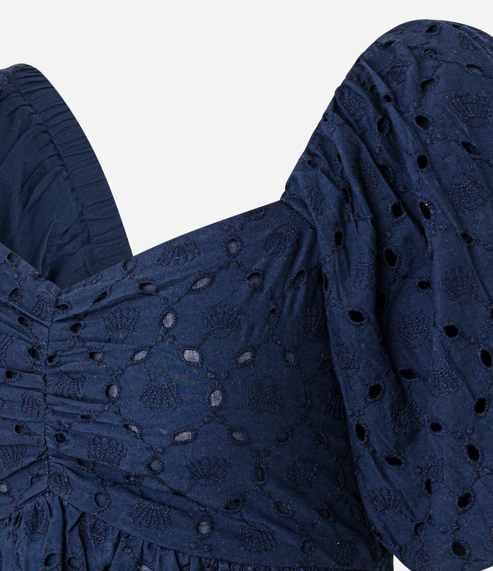 Vestido Curto em Laise com Bordado de Conchas e Manga Bufante Azul Marinho 2