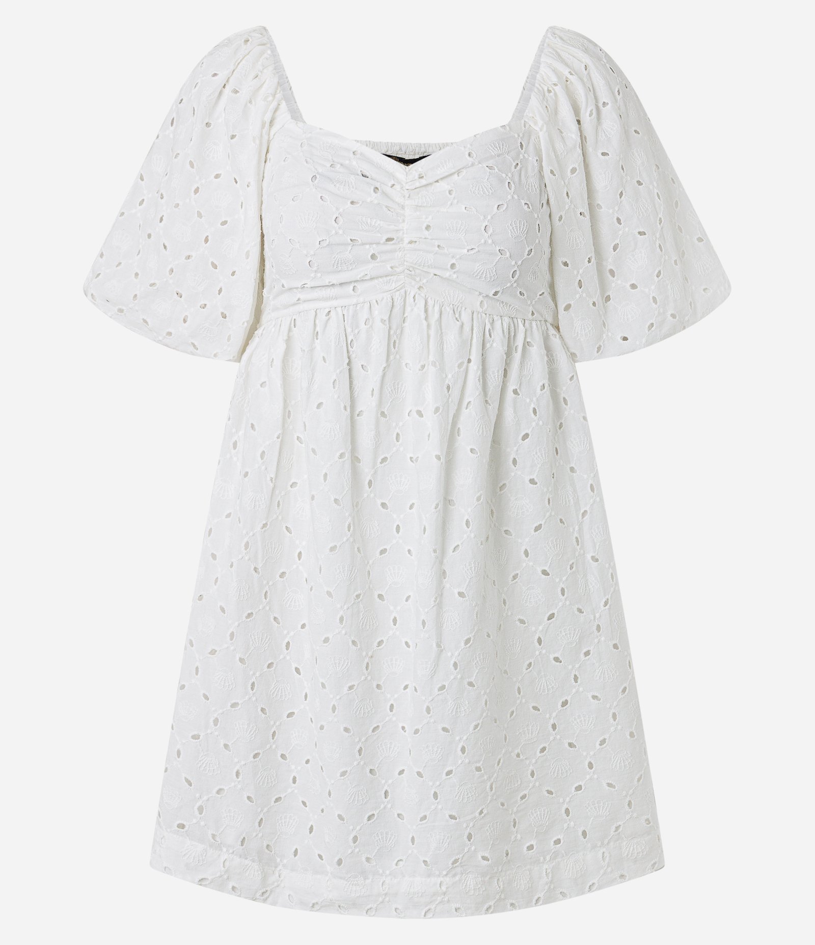 Vestido Curto em Laise com Bordado de Conchas e Manga Bufante Off White 5