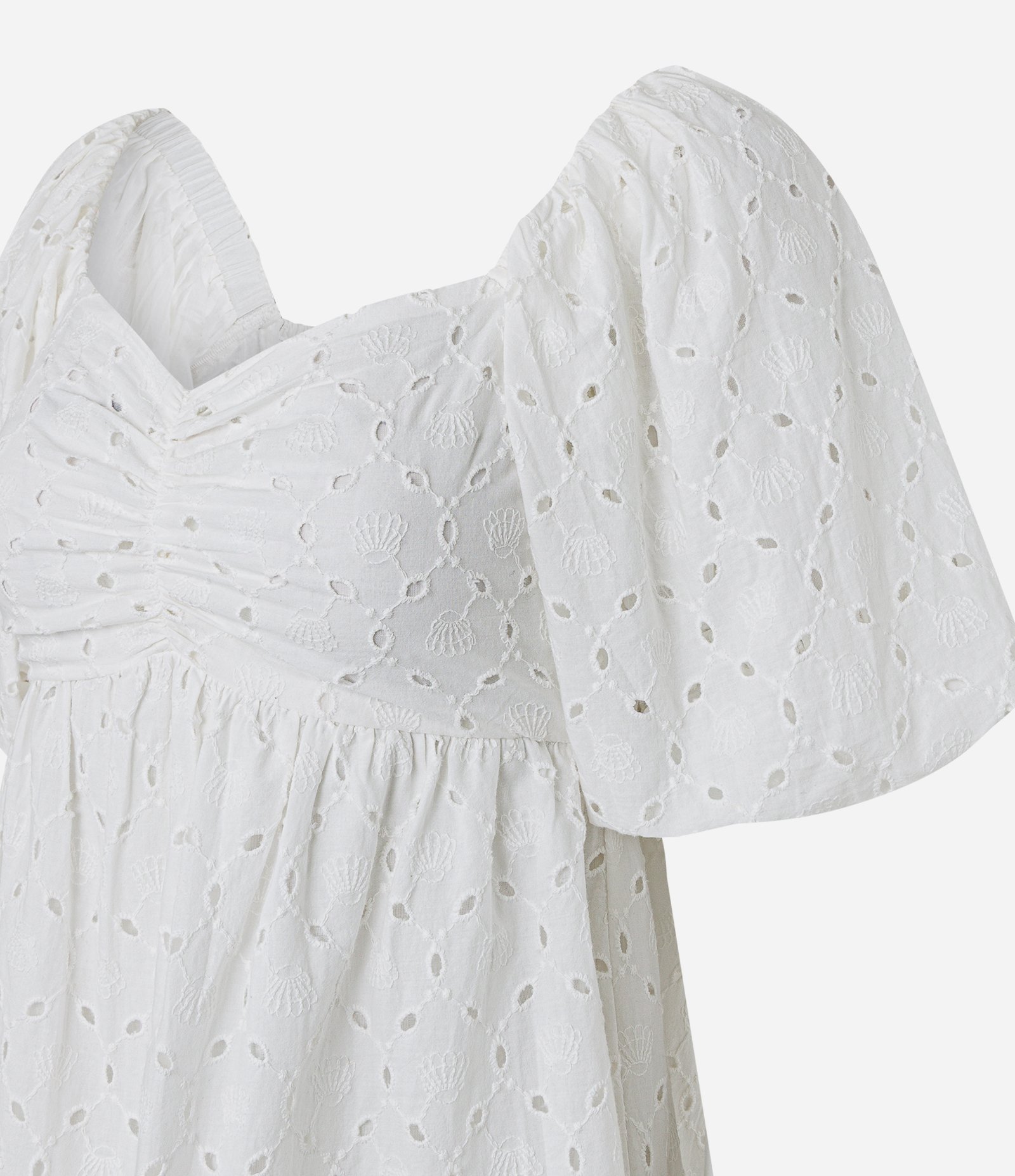 Vestido Curto em Laise com Bordado de Conchas e Manga Bufante Off White 6