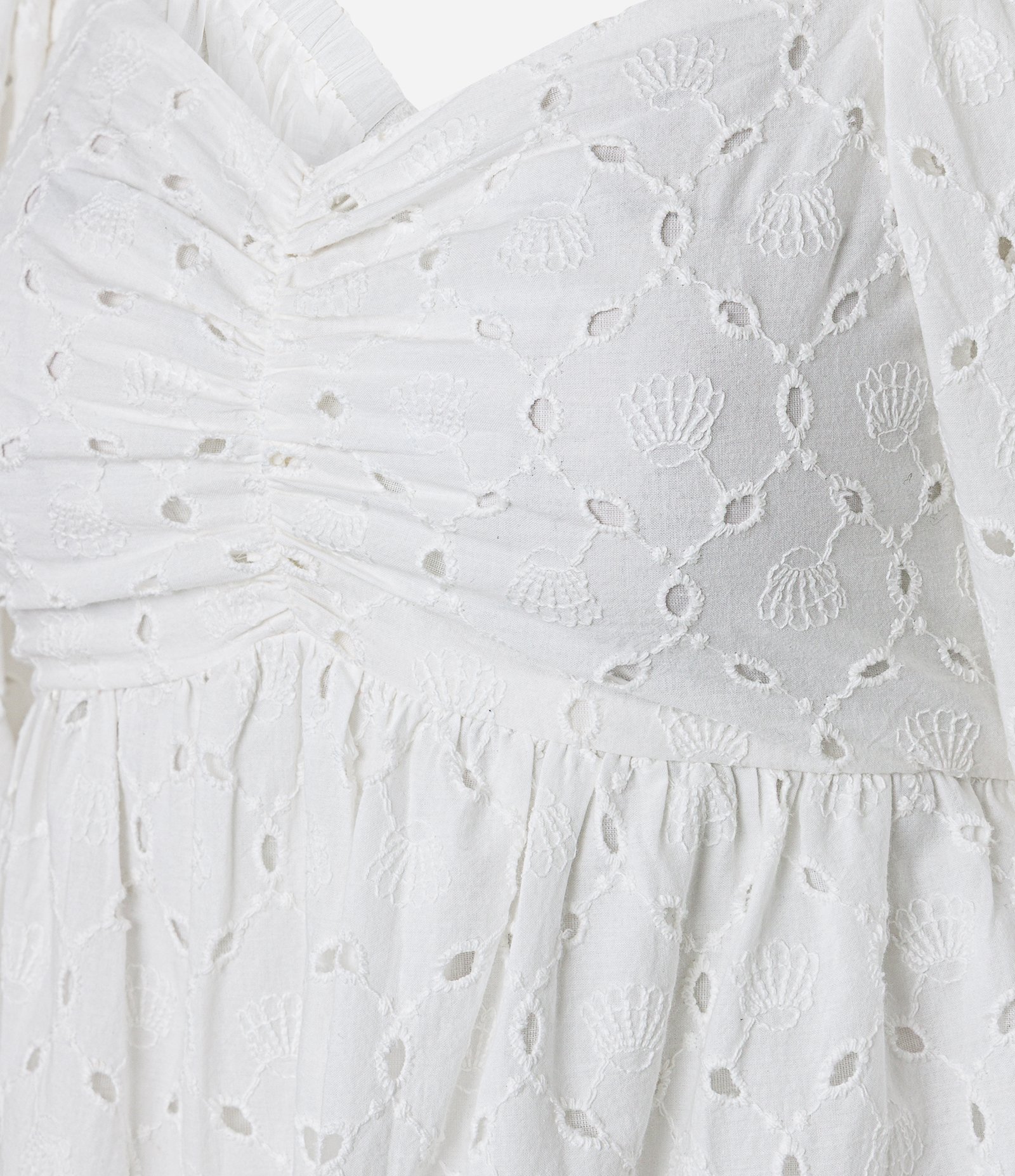 Vestido Curto em Laise com Bordado de Conchas e Manga Bufante Off White 7