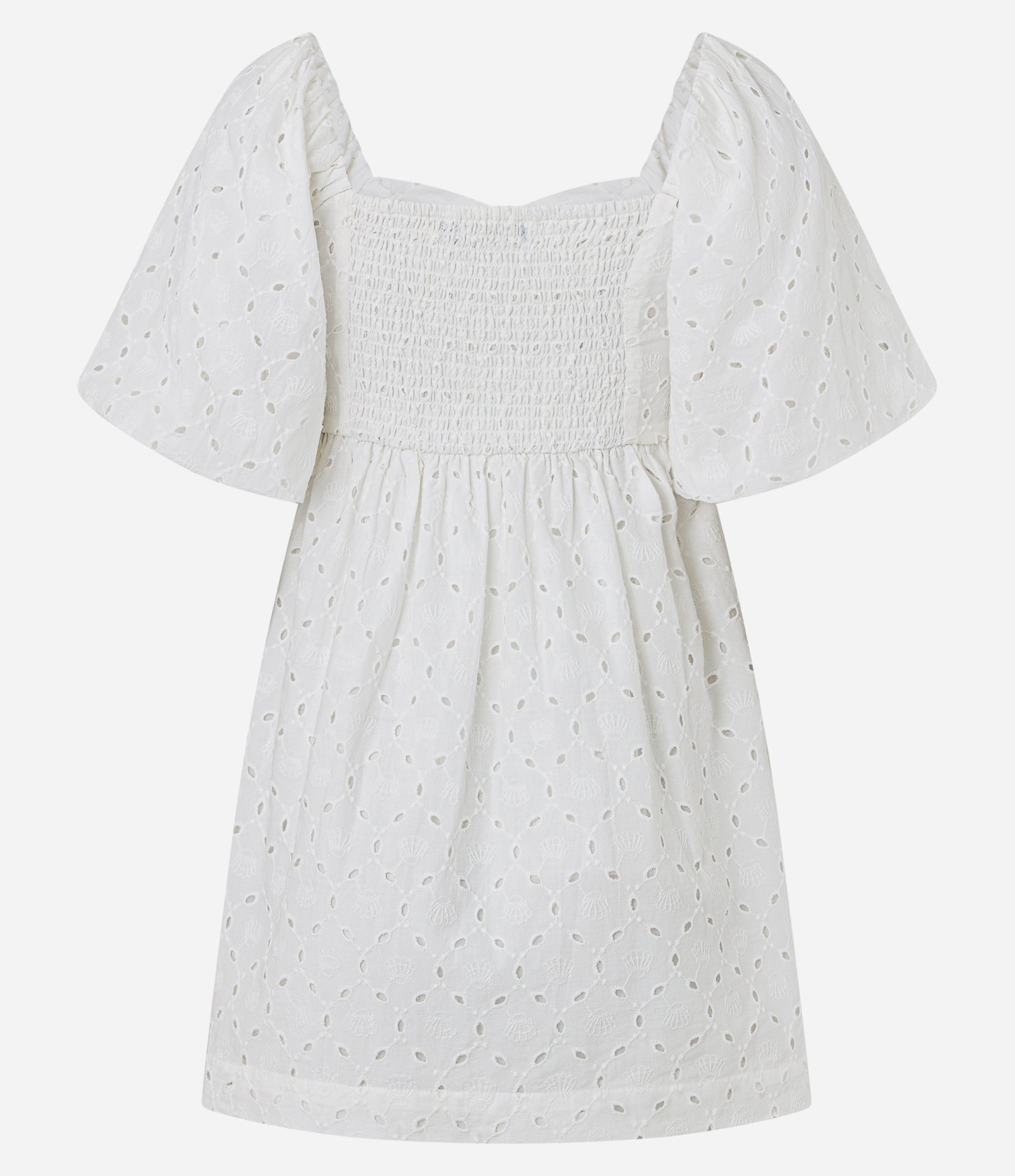 Vestido Curto em Laise com Bordado de Conchas e Manga Bufante Off White 8
