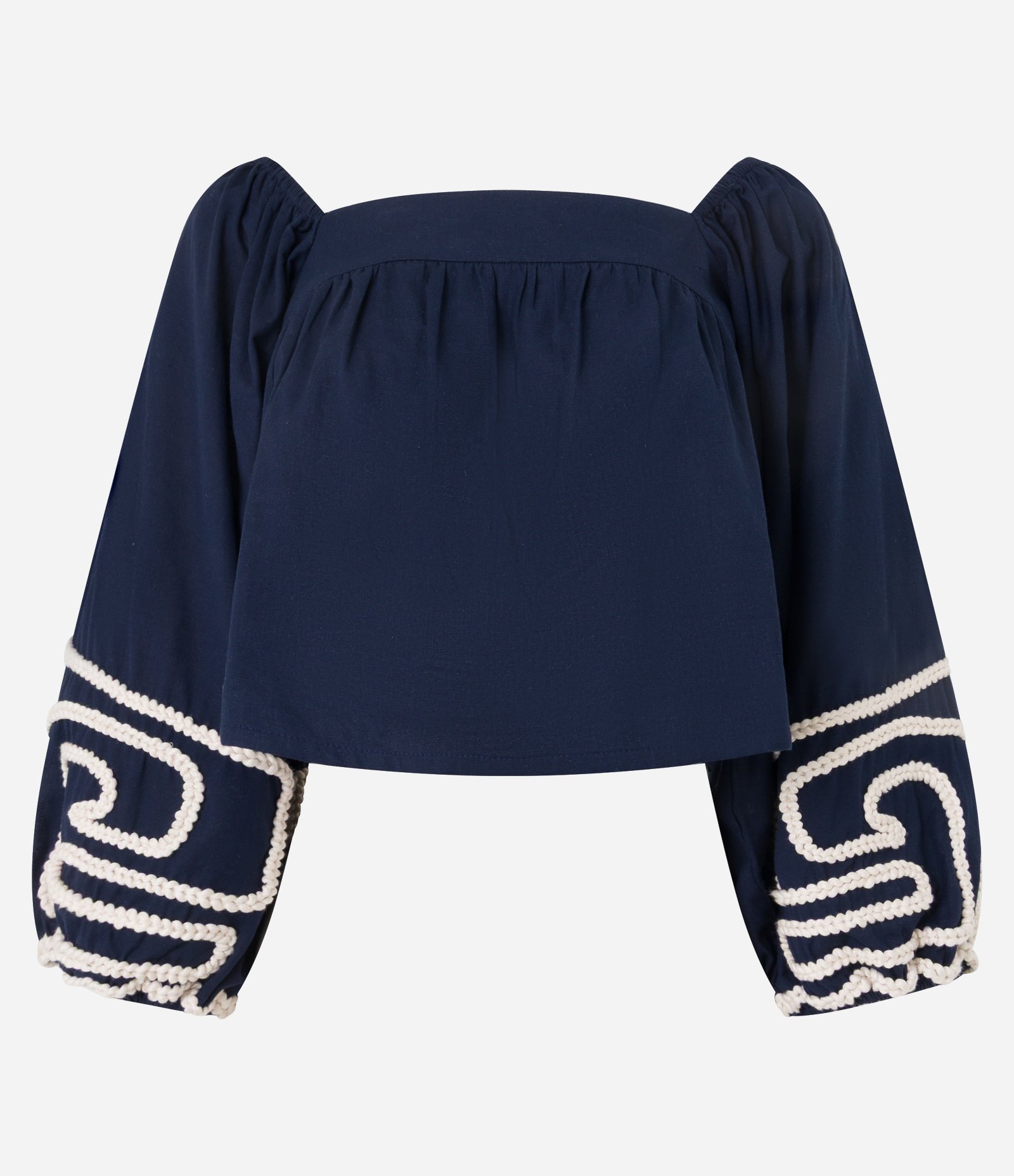 Blusa Curta Ombro a Ombro com Bordado em Corda Azul 6
