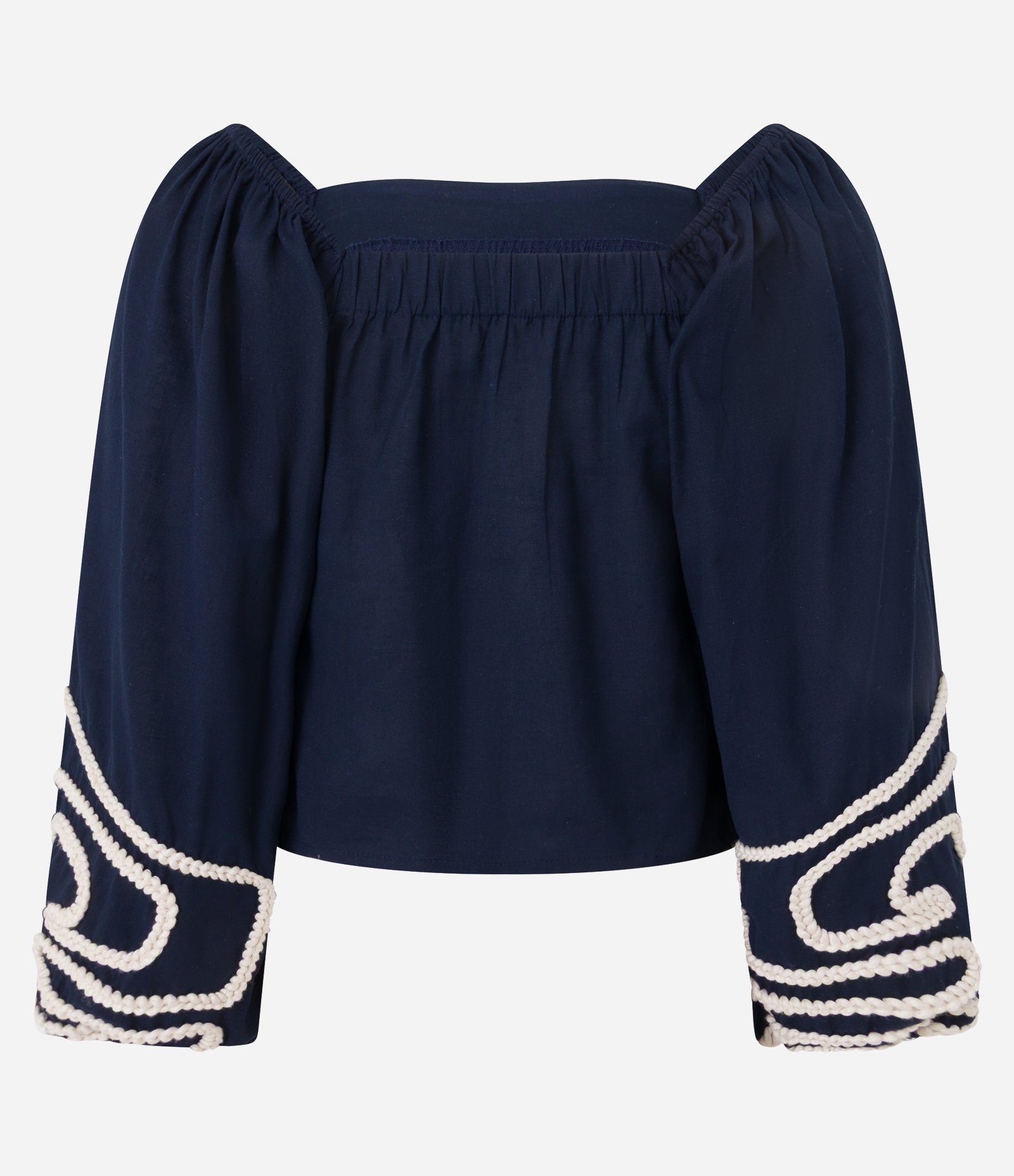Blusa Curta Ombro a Ombro com Bordado em Corda Azul 8