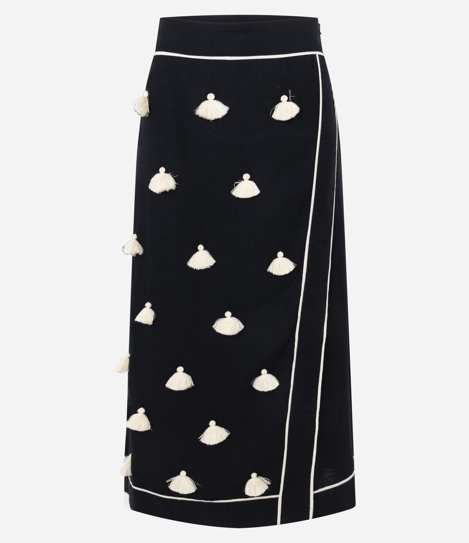 Saia Reta Midi em Cambraia com Tassels e Viés Contrastante Preto 5