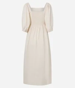 Vestido Evasê Midi em Algodão com Linho e Bordado Folhagem