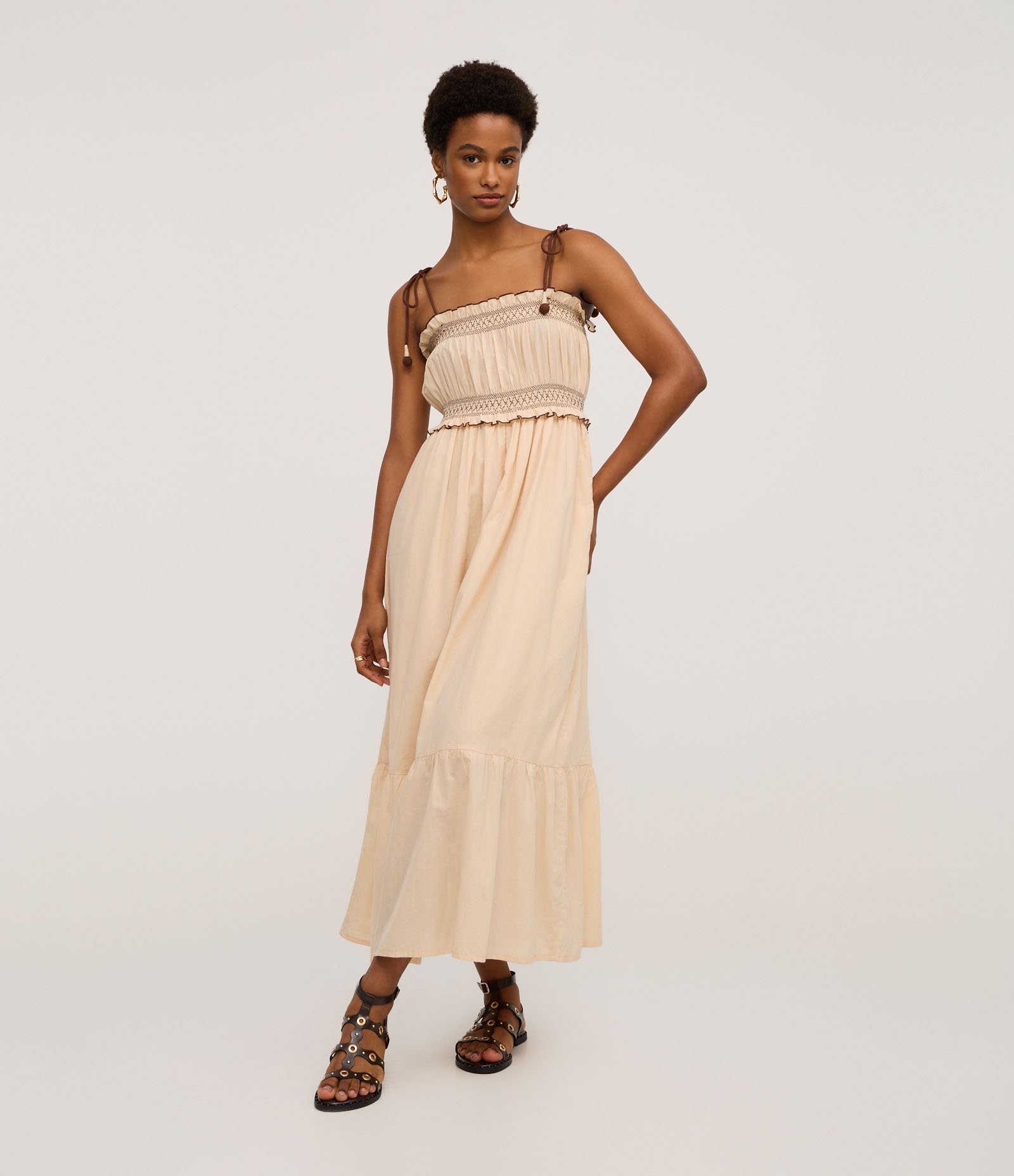 Vestido Longo em Algodão com Bordado e Lastex no Busto Bege 1