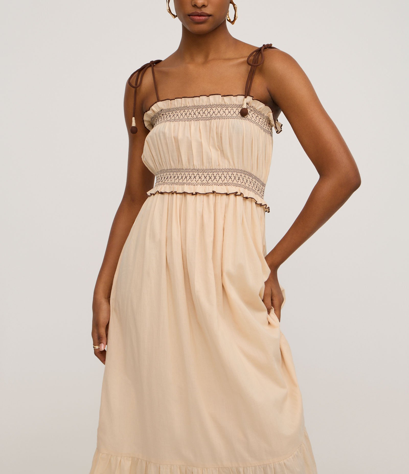 Vestido Longo em Algodão com Bordado e Lastex no Busto Bege 4