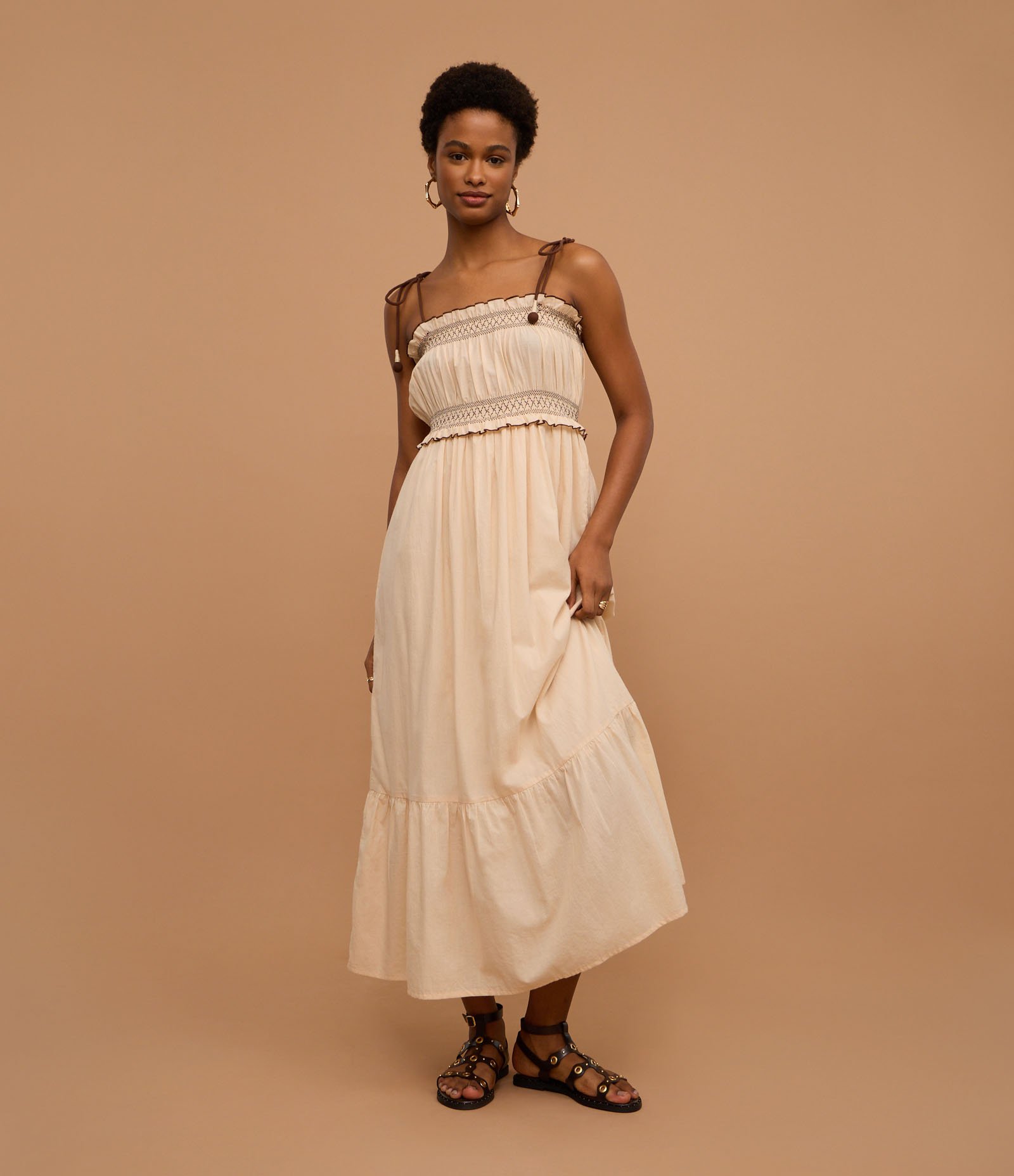 Vestido Longo em Algodão com Bordado e Lastex no Busto Bege 5