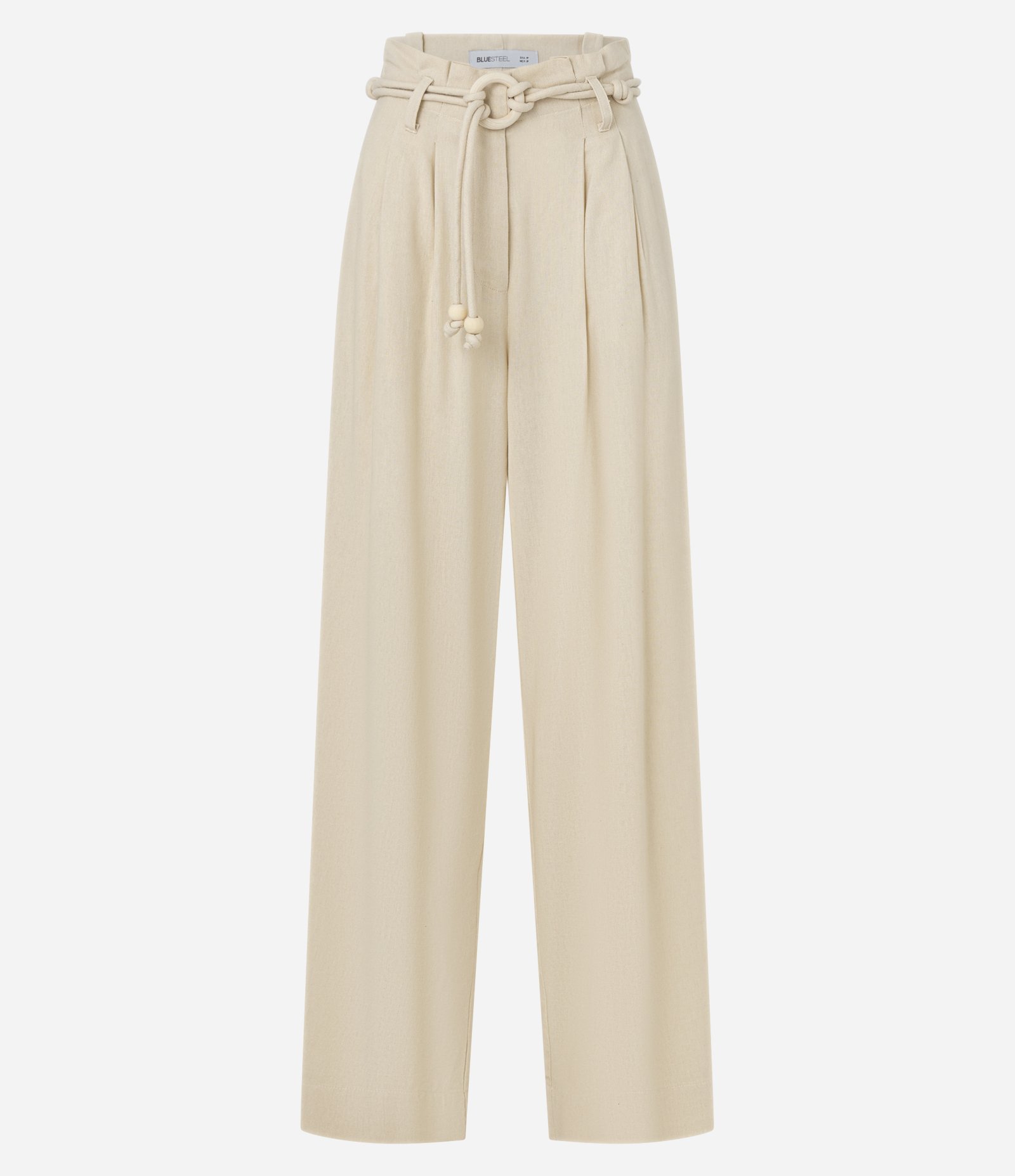 Calça Pantalona em Viscolinho com Cinto de Cordas com Fivela de Aviamento Bege 6