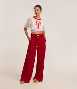 Calça Pantalona em Viscolinho com Cinto de Cordas com Fivela de Aviamento