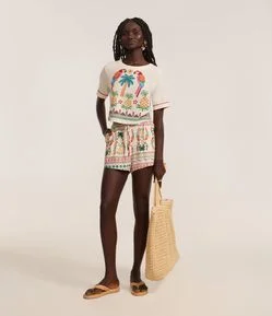 Short Runner com Linho Estampado Tropical Ponto Cruz