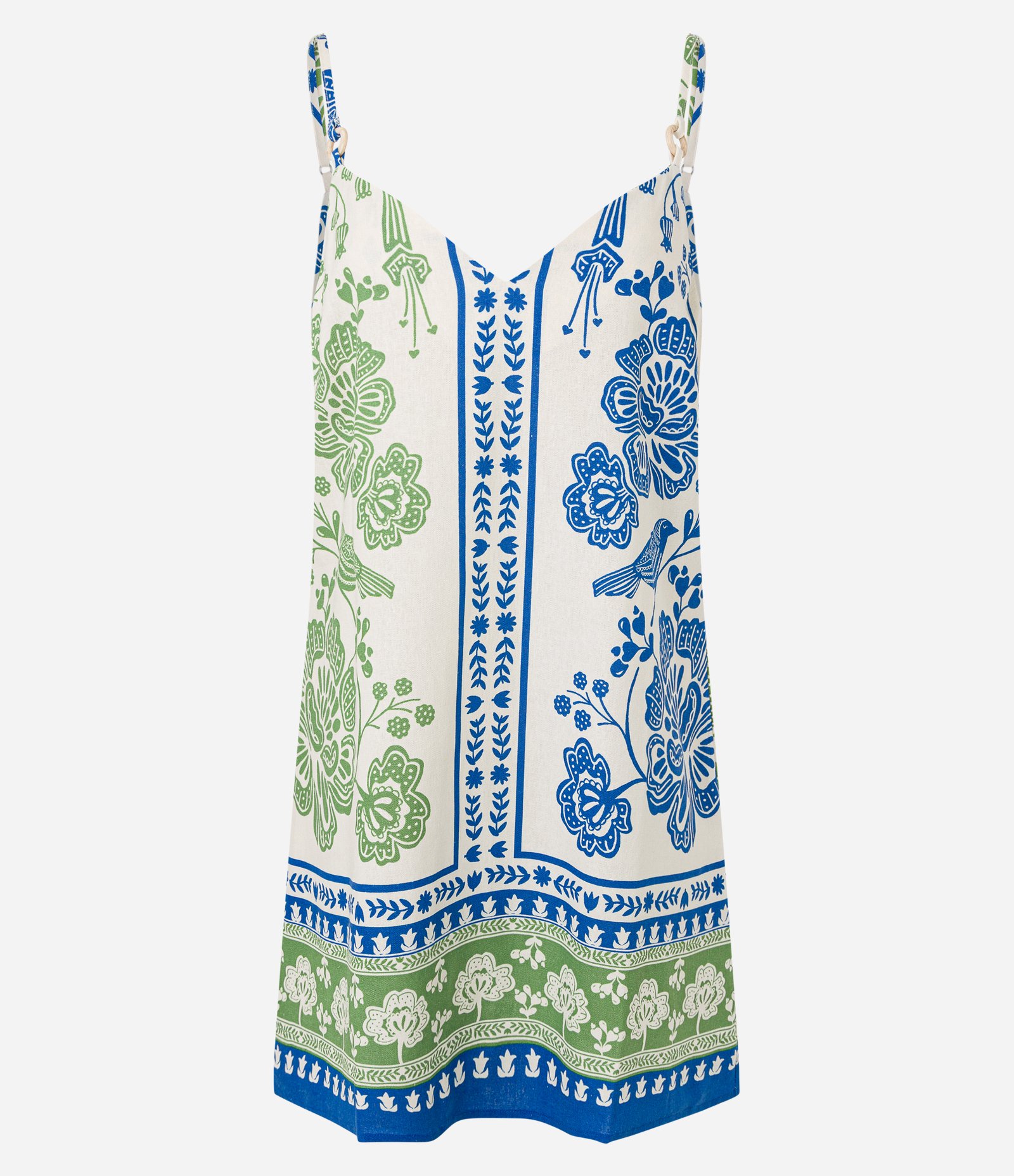 Vestido Curto com Linho Estampado Floral e Alcinha Off White/Verde/Azul 4