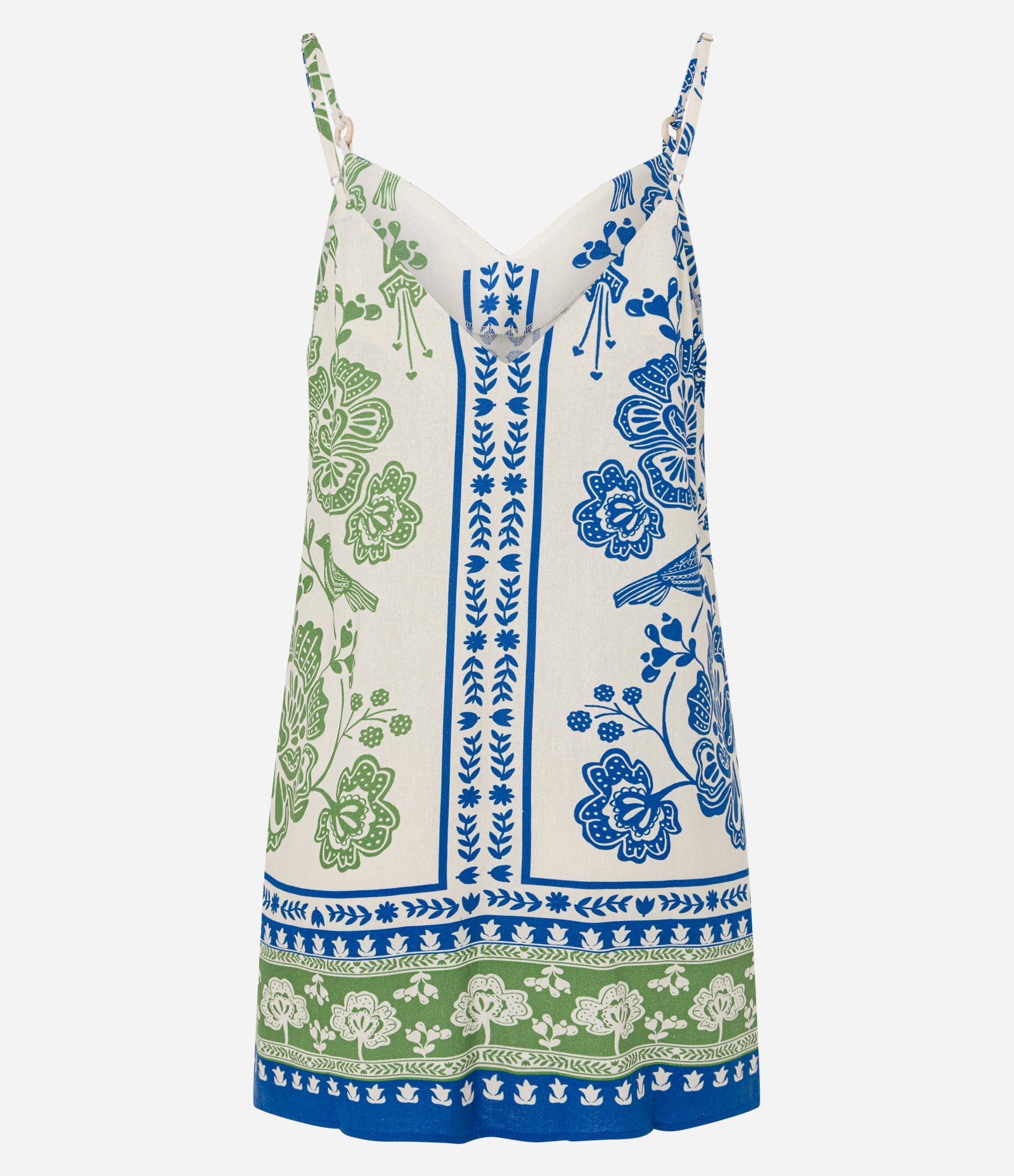 Vestido Curto com Linho Estampado Floral e Alcinha Off White/Verde/Azul 6