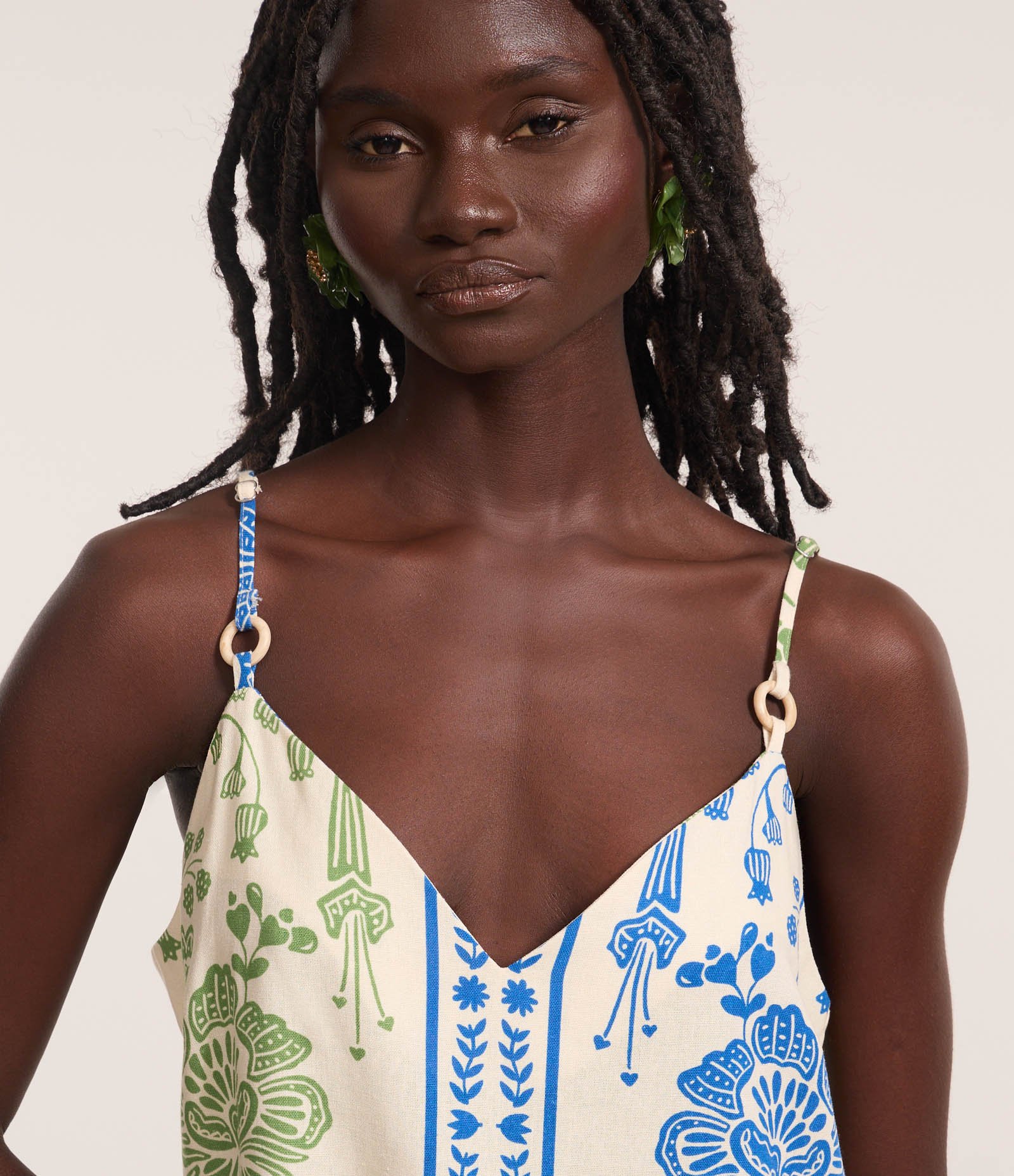 Vestido Curto com Linho Estampado Floral e Alcinha Off White/Verde/Azul 3