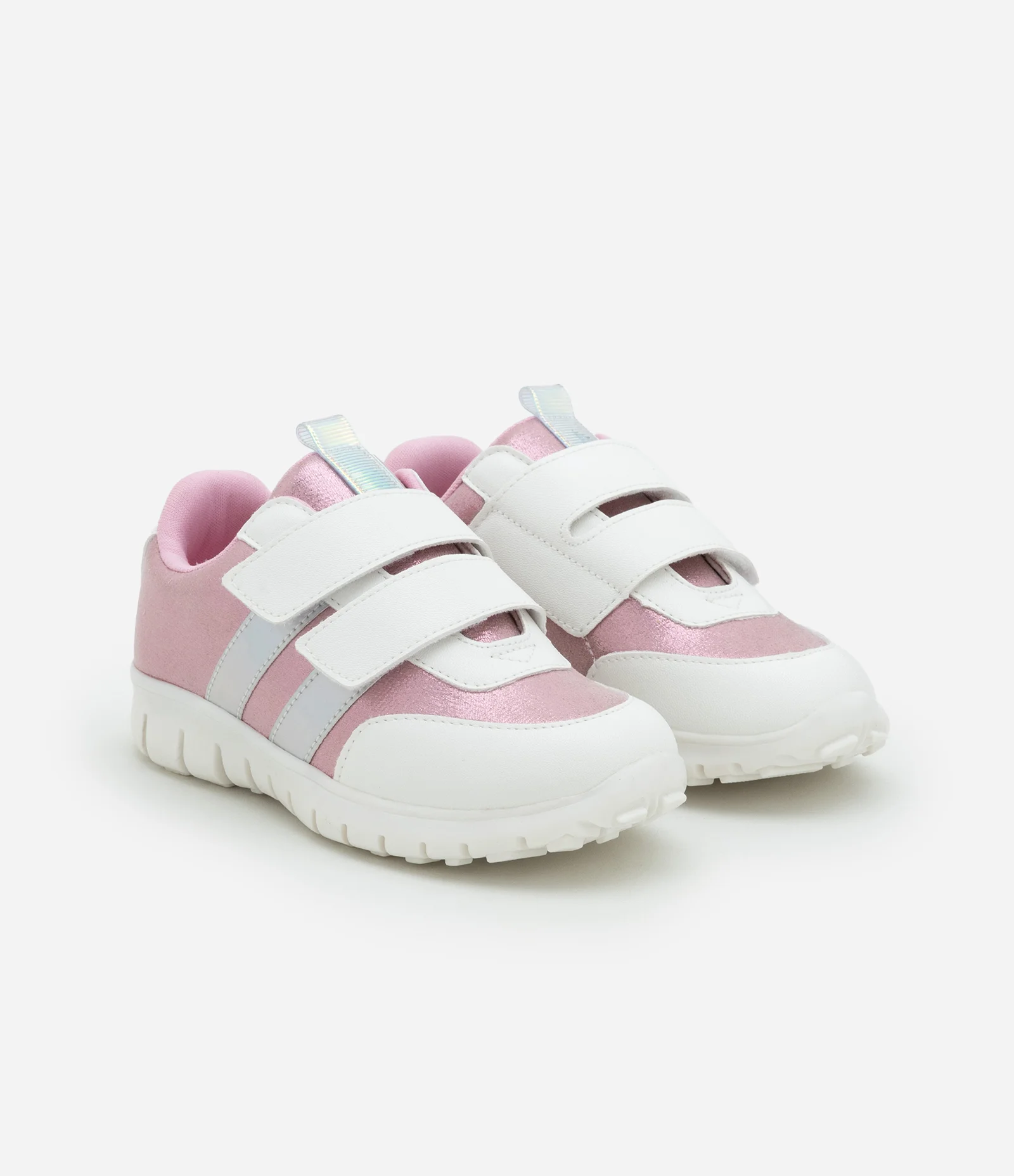 Tênis Infantil com Velcro e Recortes Holográficos - Tam 20 a 27 Rosa/Branco 1