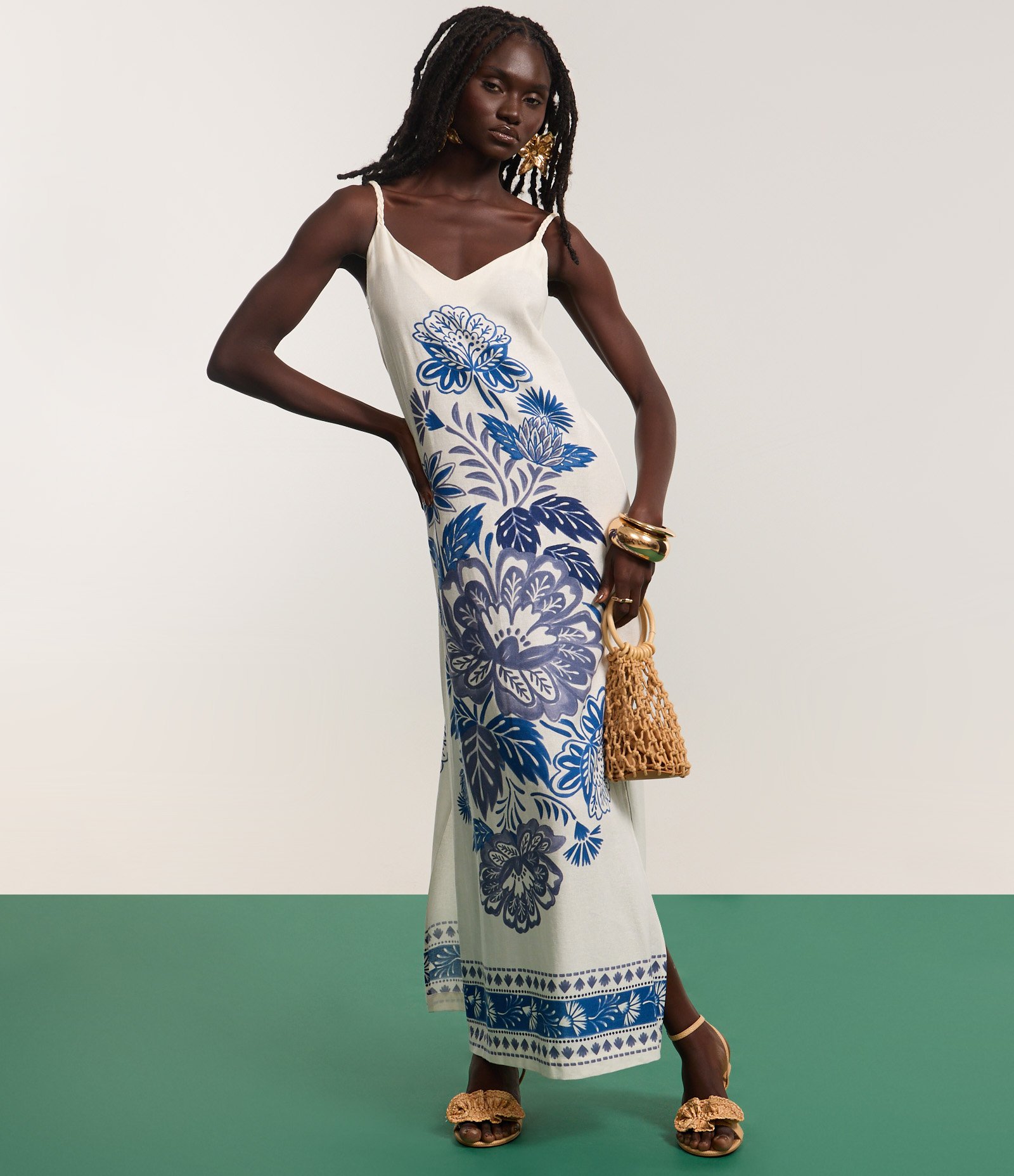 Vestido New Midi em Viscolinho Floral Bege 2