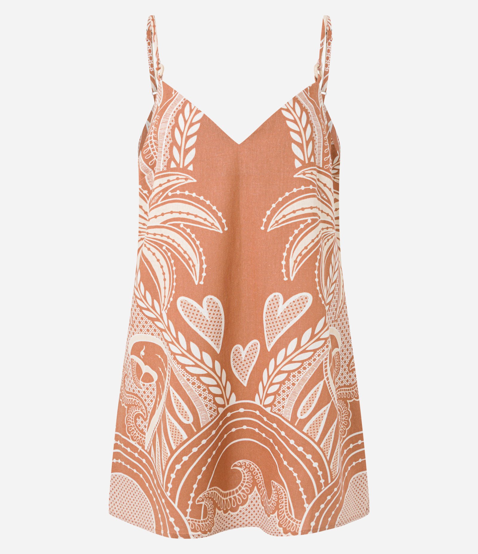 Vestido Curto com Linho Estampado Tropical e Argola na Alcinha Marrom 4