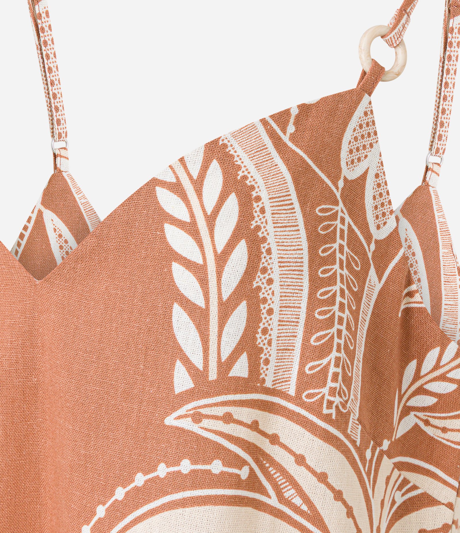 Vestido Curto com Linho Estampado Tropical e Argola na Alcinha Marrom 5