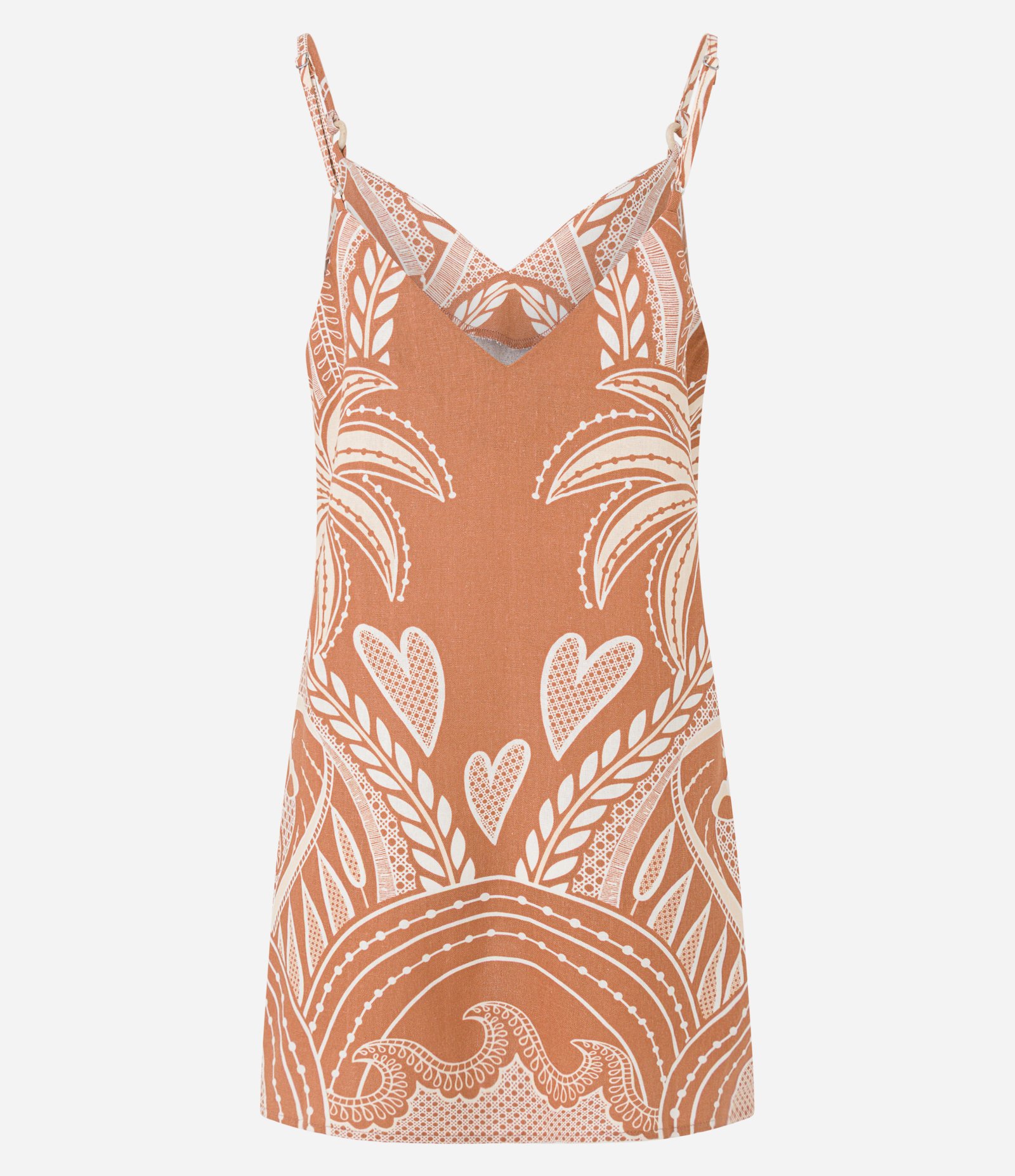 Vestido Curto com Linho Estampado Tropical e Argola na Alcinha Marrom 6