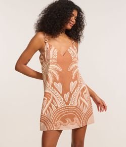 Vestido Curto com Linho Estampado Tropical e Argola na Alcinha