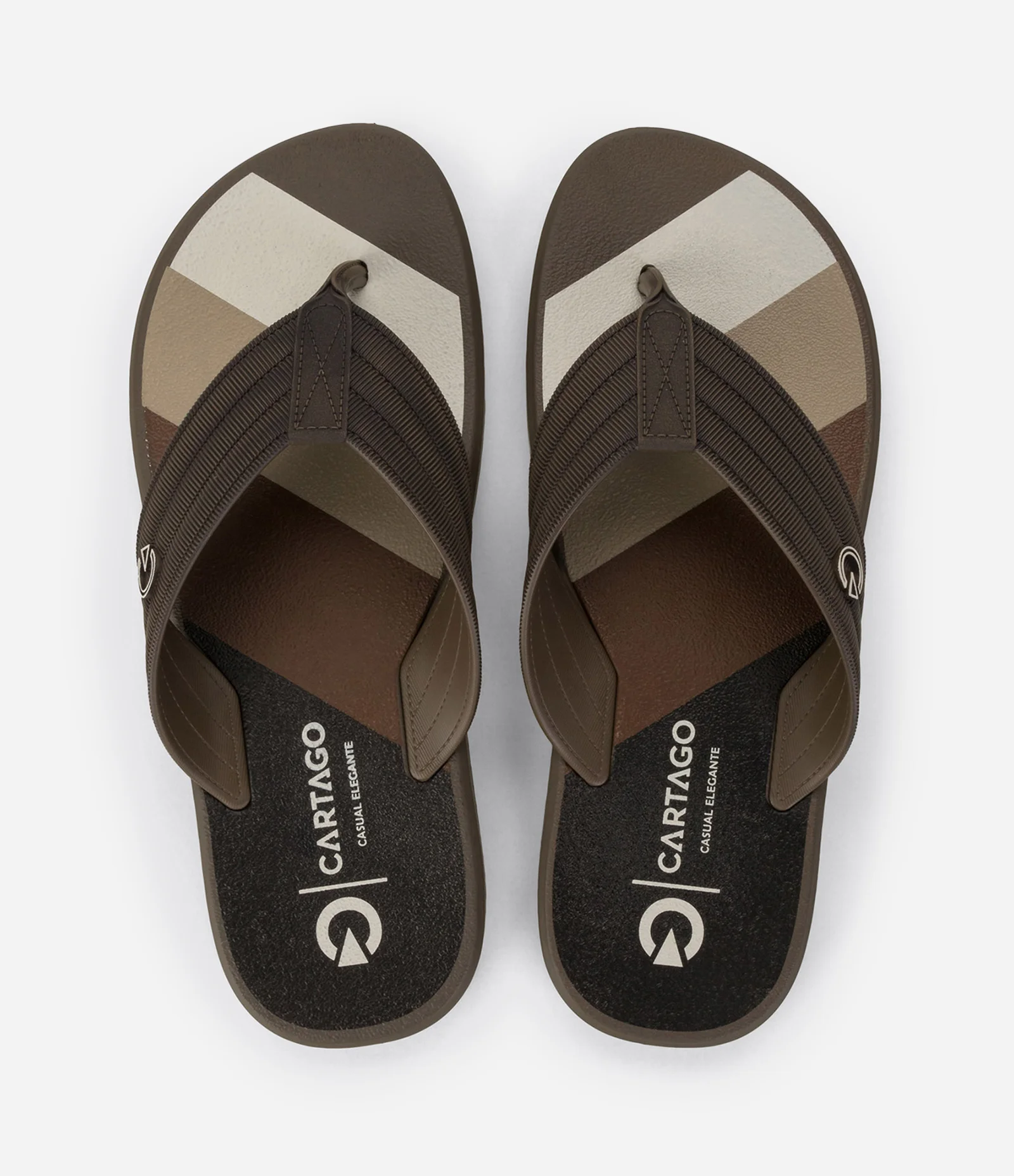 Chinelo de Tiras Largas com Texturas Pespontas e Estampa Marrom/Bege/Branco 1