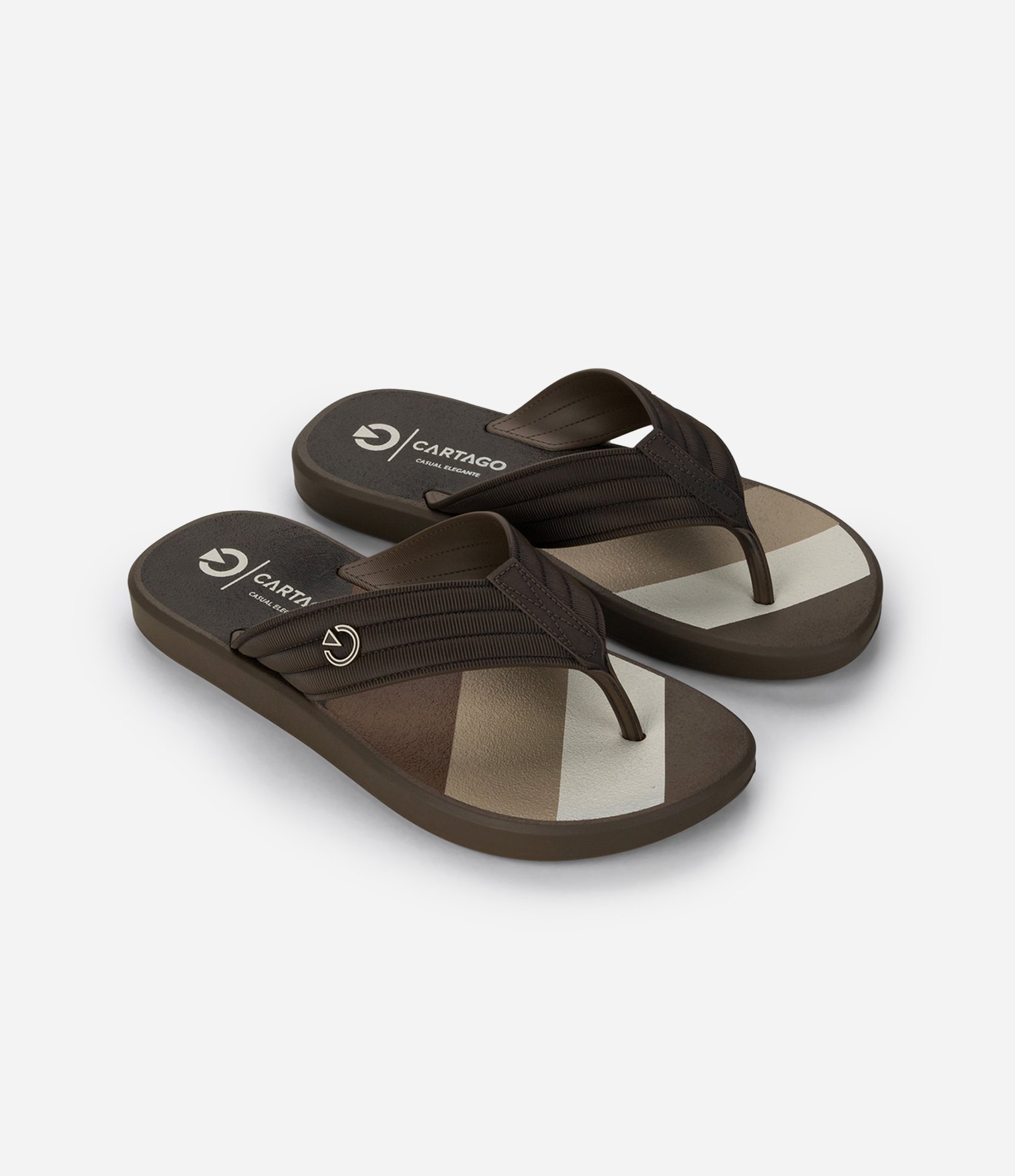 Chinelo de Tiras Largas com Texturas Pespontas e Estampa Marrom/Bege/Branco 2