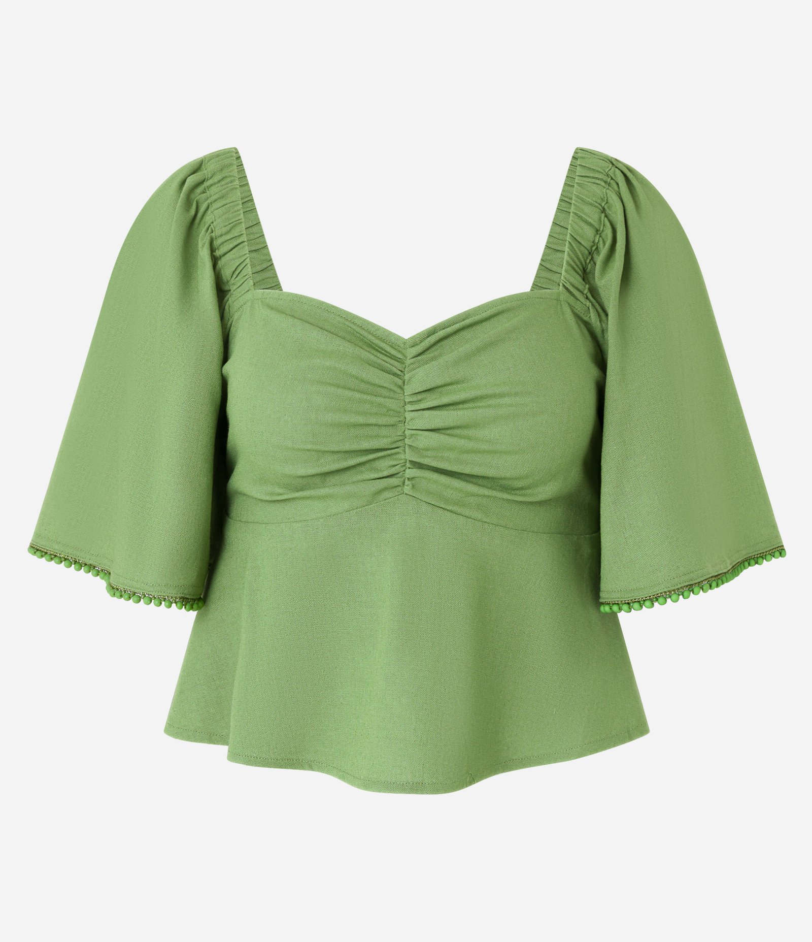 Blusa Cropped em Viscolinho com Puxadinho Frontal e Lastex Verde Claro 8