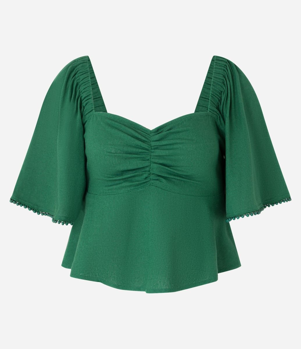 Blusa Cropped em Viscolinho com Puxadinho Frontal e Lastex Verde
