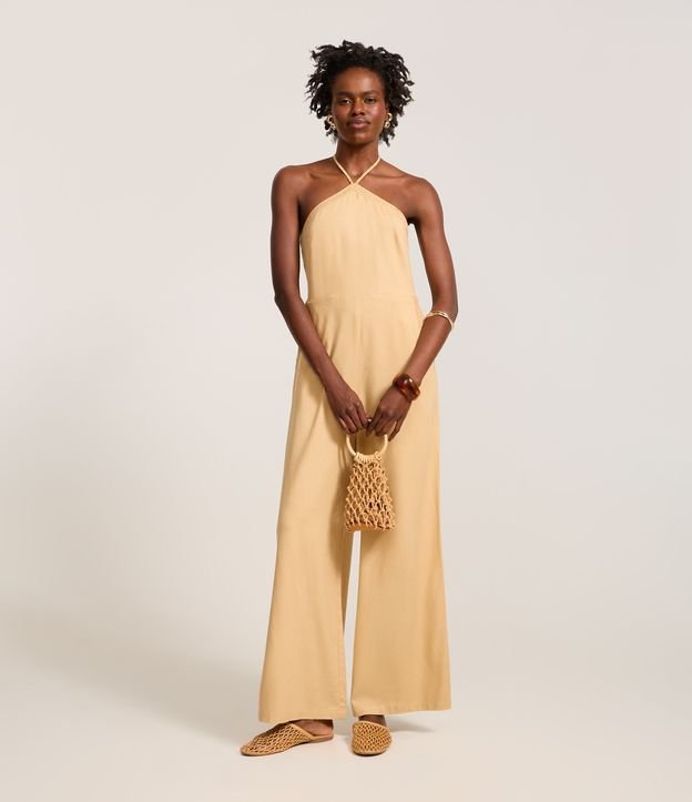 Macacão Longo em Viscolinho com Decote Halter