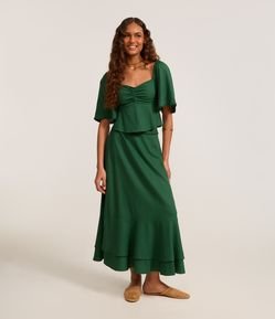 Saia Long Midi em Viscolinho com Miçangas no Cós e Babado Duplo