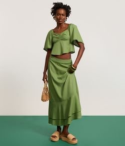 Saia Long Midi em Viscolinho com Miçangas no Cós e Babado Duplo