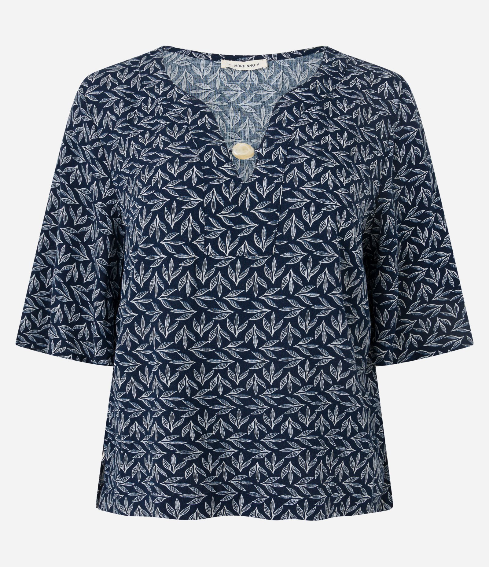 Blusa Bata em Viscose com Miçanga no Decote e Estampa Folhagem Azul Marinho 5