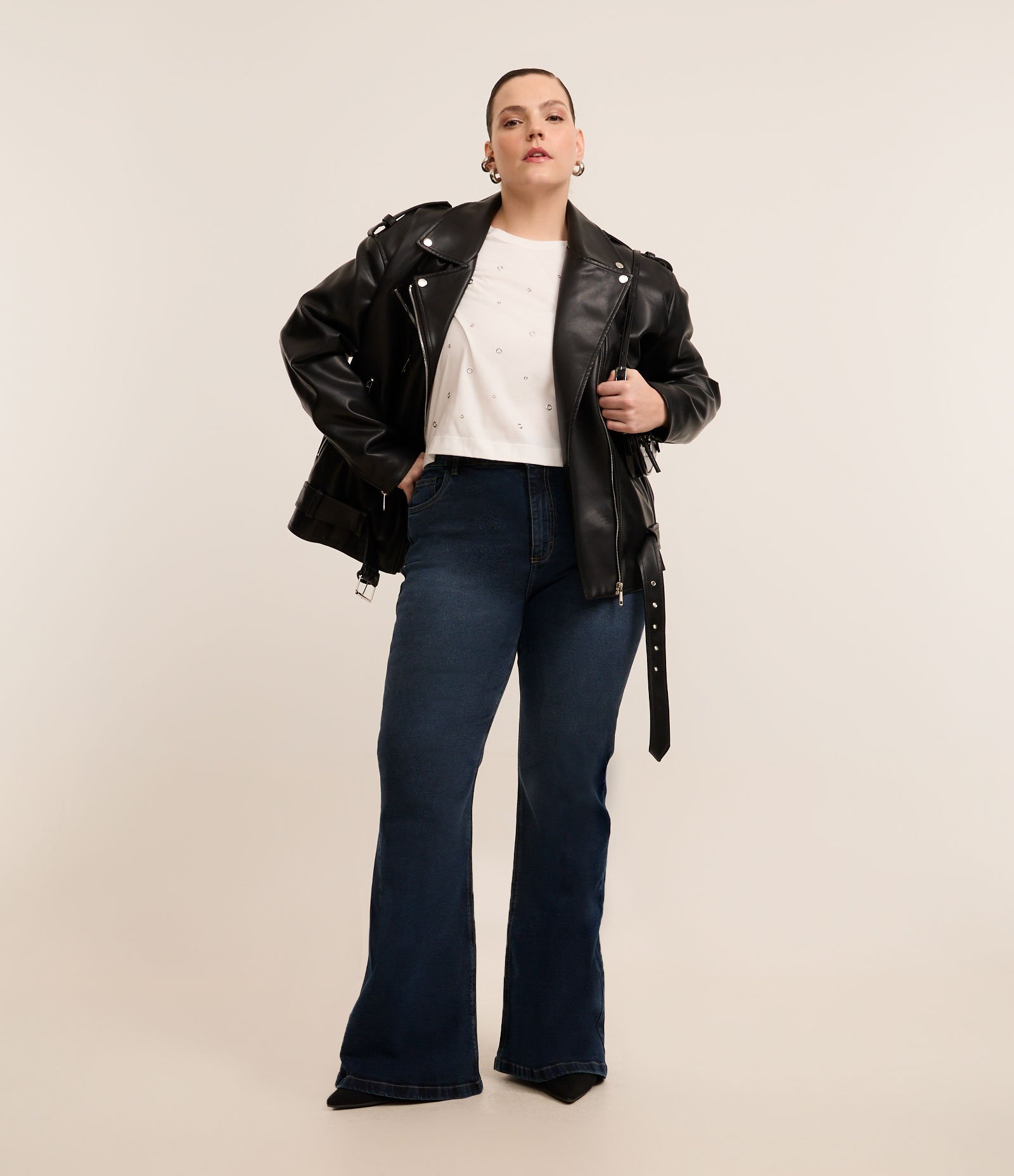 Calça Flare em Jeans com Elastano e Botão Forrado Curve & Plus Size Azul 1