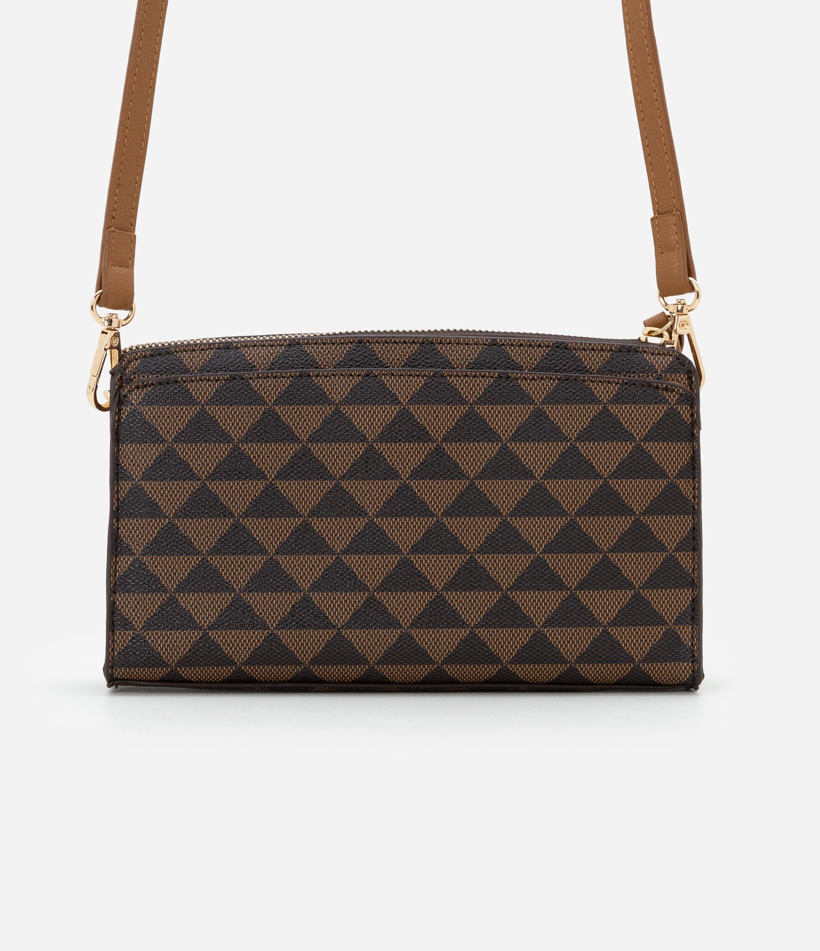 Bolsa Transversal Pequena com Estampa Triangular  e Zíper com Puxador Marrom 3