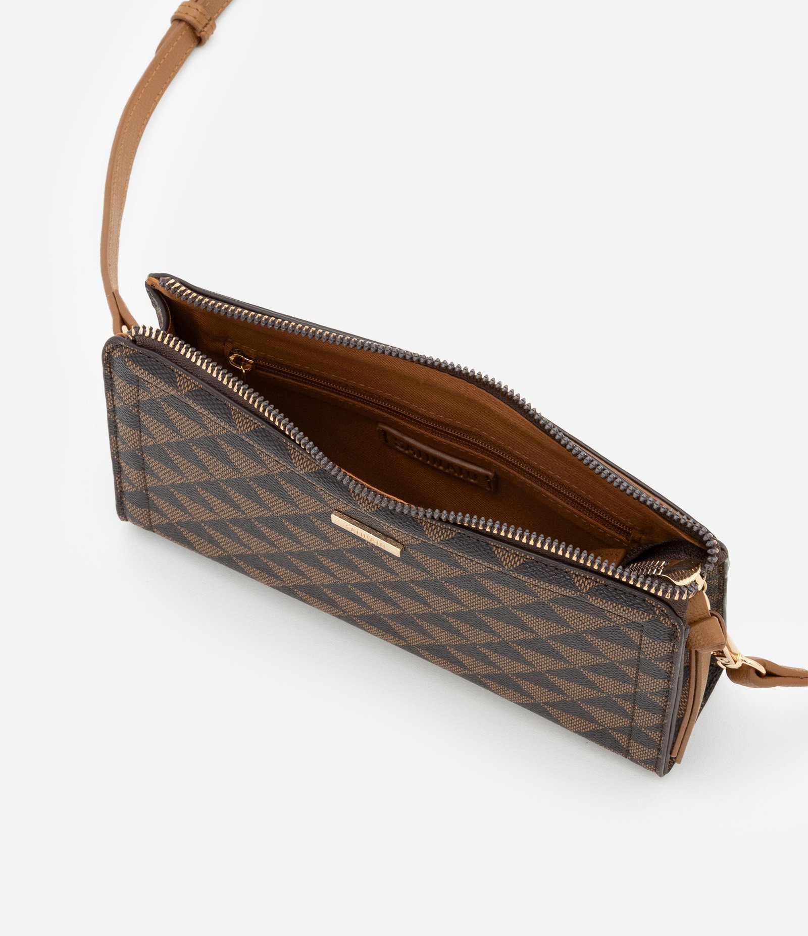 Bolsa Transversal Pequena com Estampa Triangular  e Zíper com Puxador Marrom 4