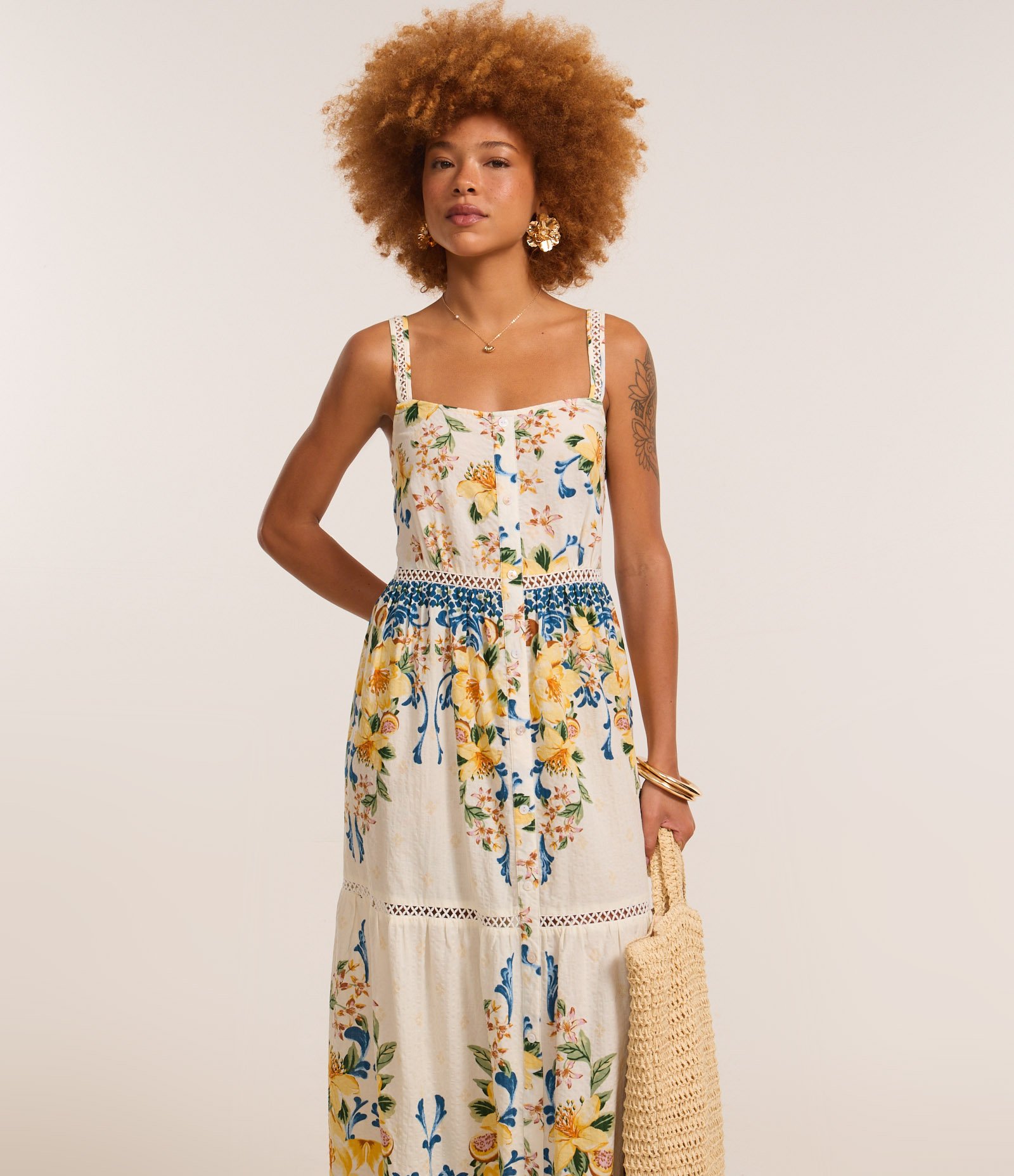 Vestido Long Midi em Viscose com Estampa Floral com Botões Off White 2