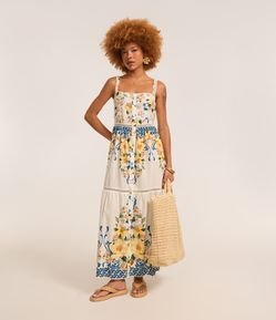 Vestido Long Midi em Viscose com Estampa Floral com Botões