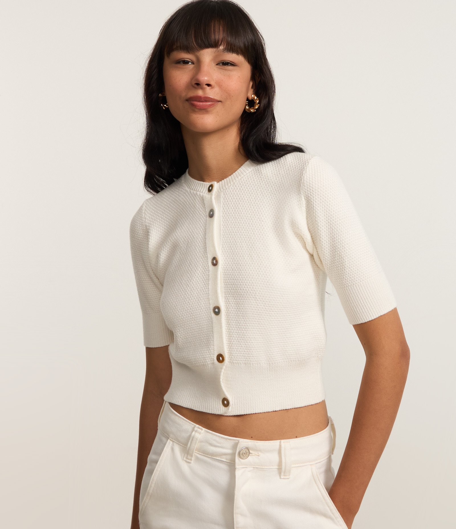 Blusa em Tricô com Botões Frontais Branco 1