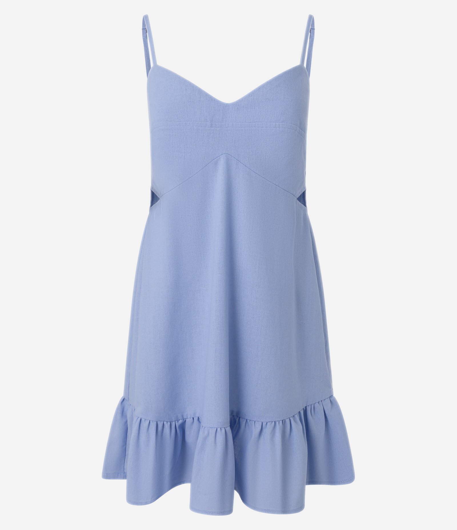 Vestido Evasê em Viscolinho com Recorte Vazado e Babado Azul 6