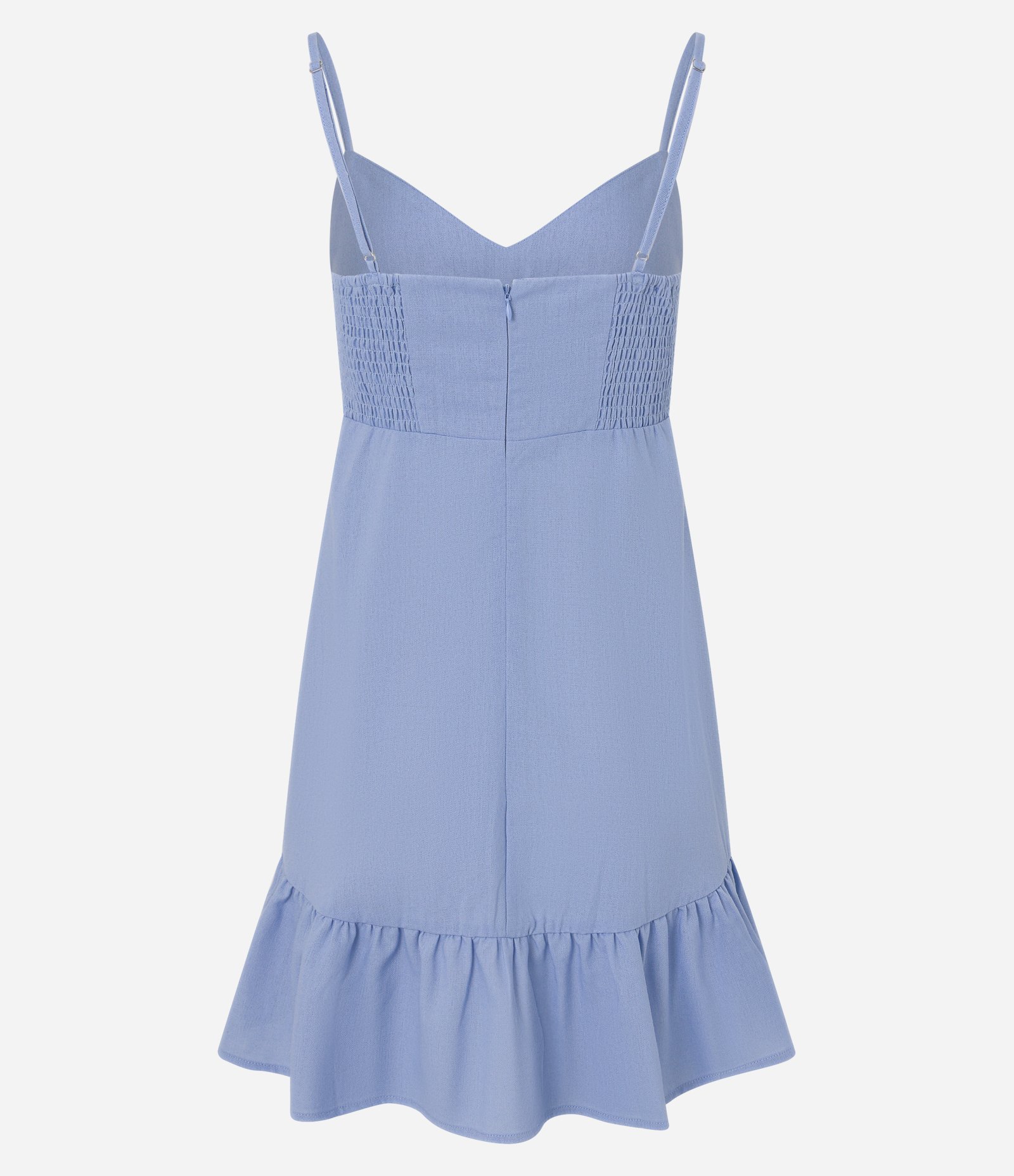 Vestido Evasê em Viscolinho com Recorte Vazado e Babado Azul 8