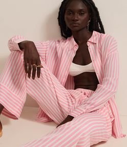 Camisa Alongada em Cambraia com Listras em Fio Tinto