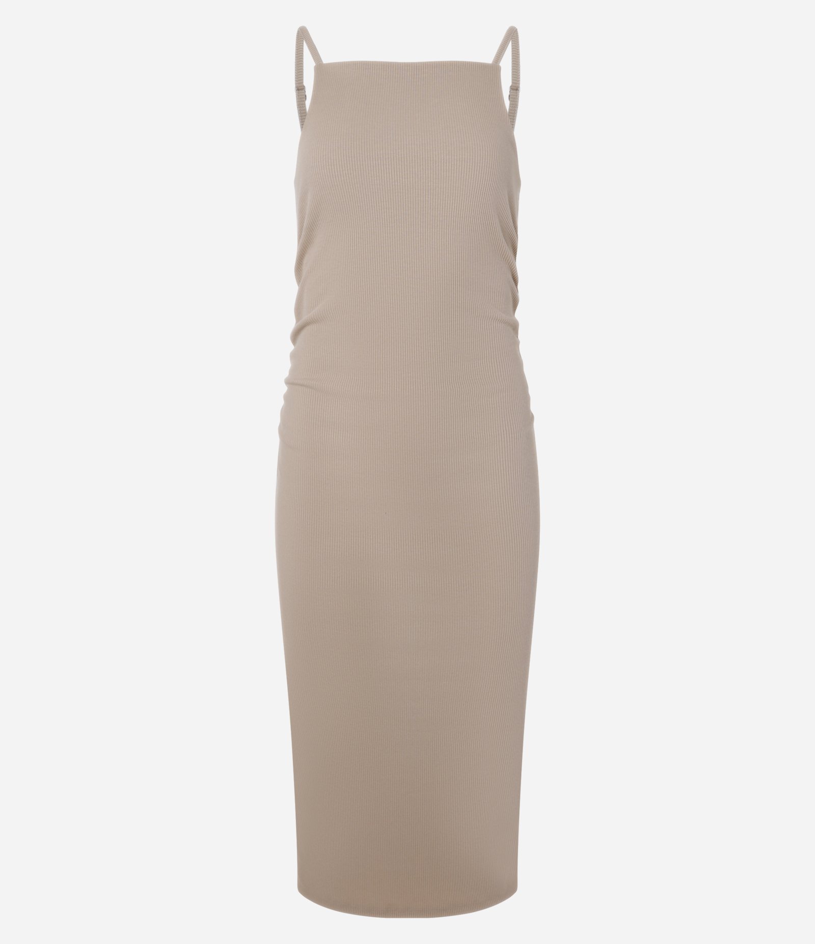 Vestido New Midi em Ribana com Franzidos e Fenda Bege 5