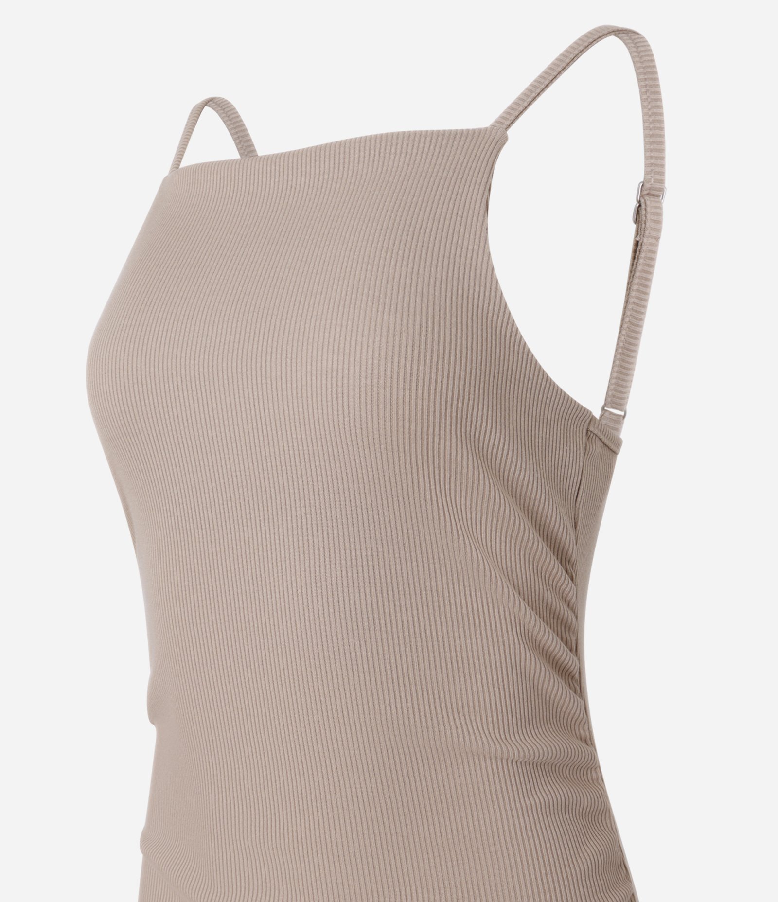 Vestido New Midi em Ribana com Franzidos e Fenda Bege 6