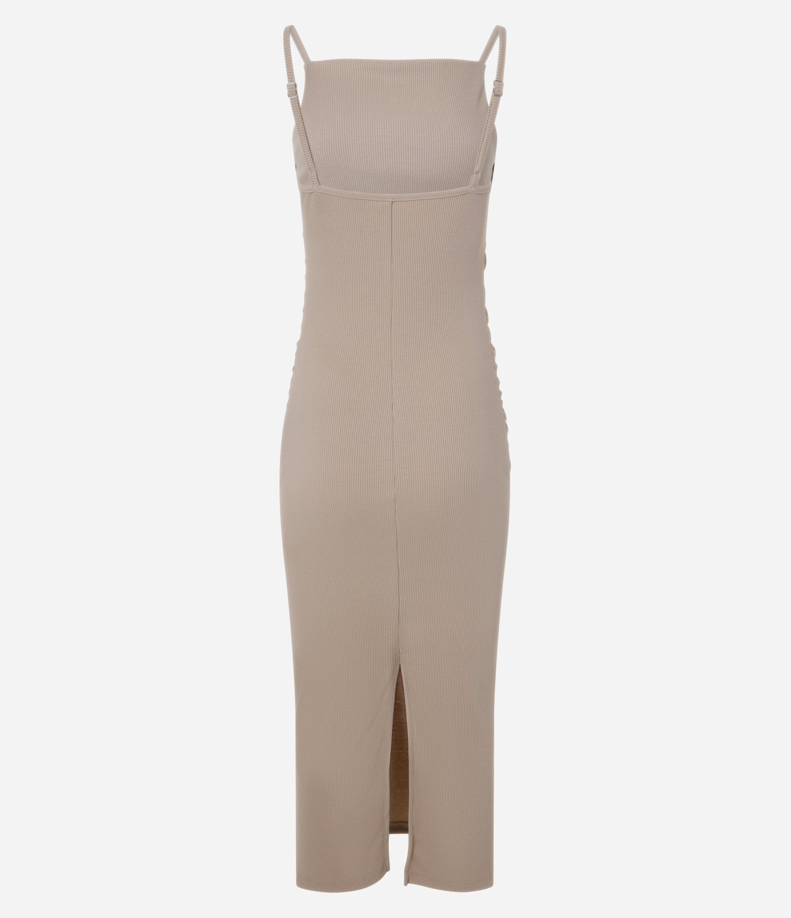 Vestido New Midi em Ribana com Franzidos e Fenda Bege 7