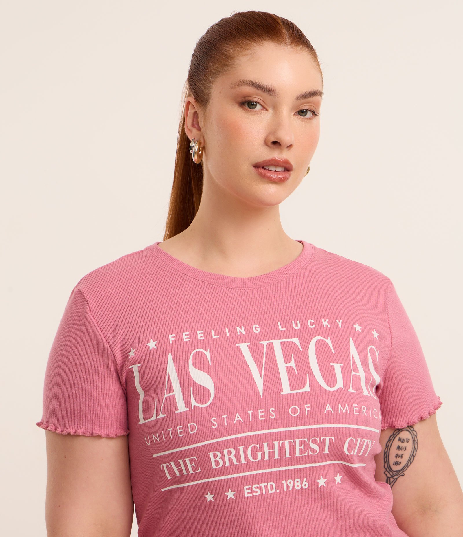 Blusa em Ribana com Estampa Las Vegas Curve & Plus Size Rosa 1