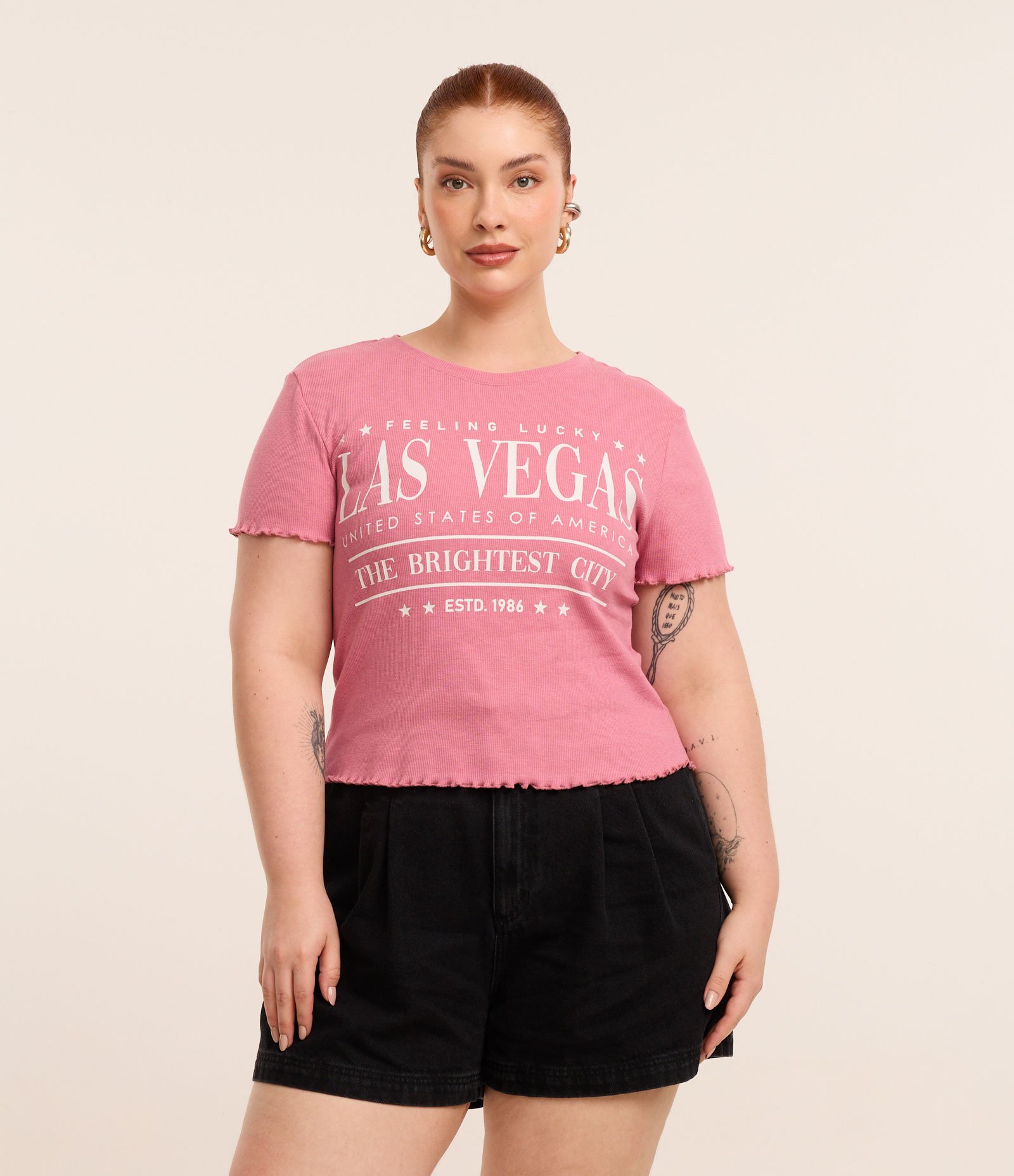 Blusa em Ribana com Estampa Las Vegas Curve & Plus Size Rosa 2