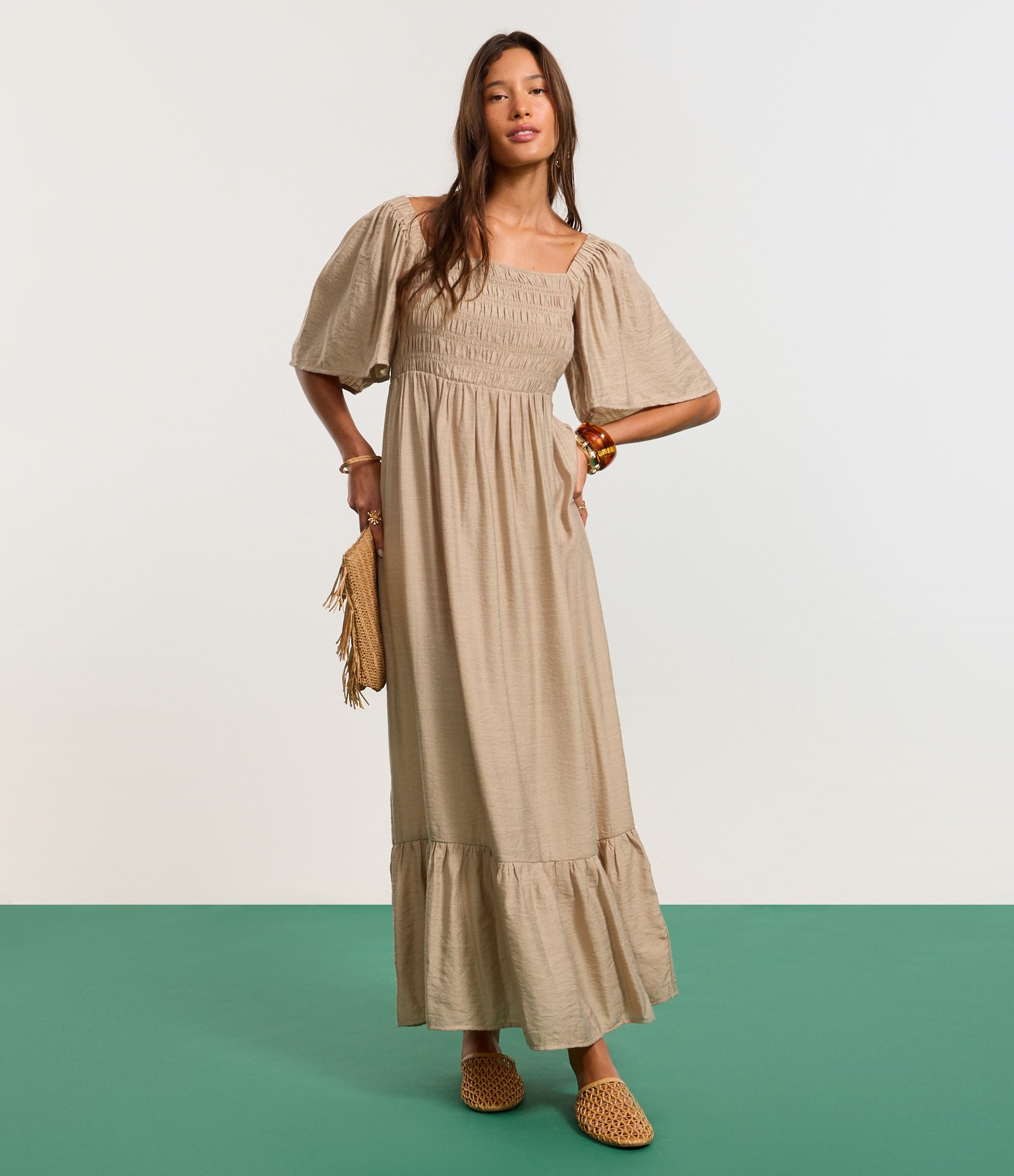 Vestido Long Midi com Lastex no Busto Bege 5