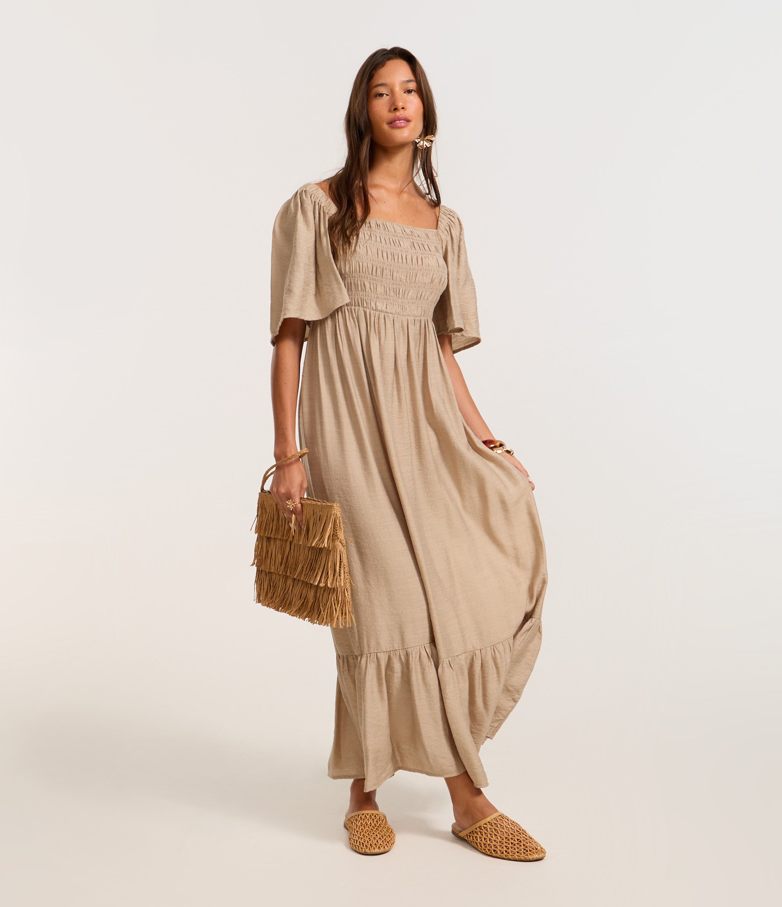 Vestido Long Midi com Lastex no Busto Bege 1